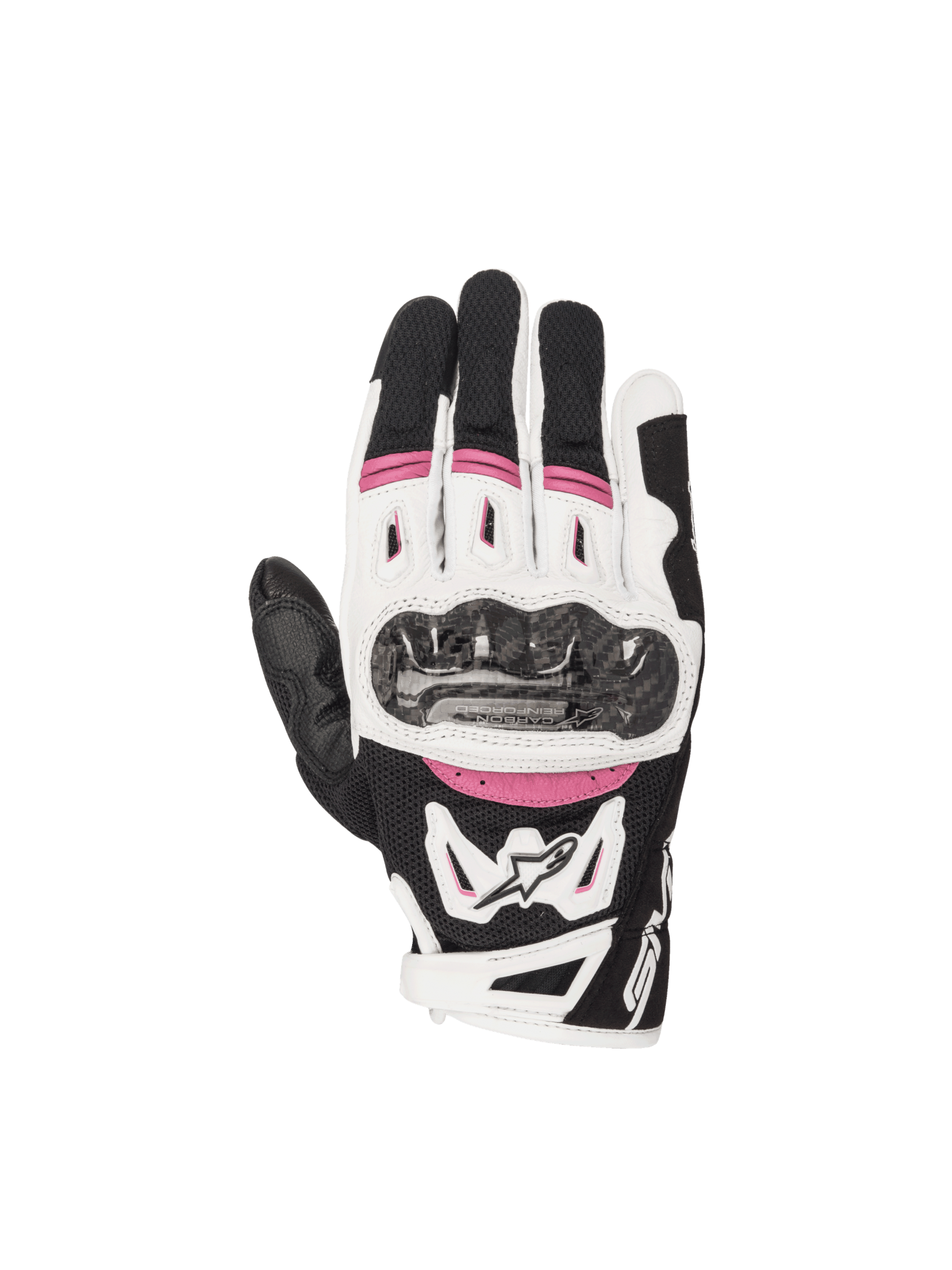 Gants Alpinestars Stella SMX-2 Air Carbon V2 pour femme, noirs, blancs et fuchsia, avec protection en carbone.