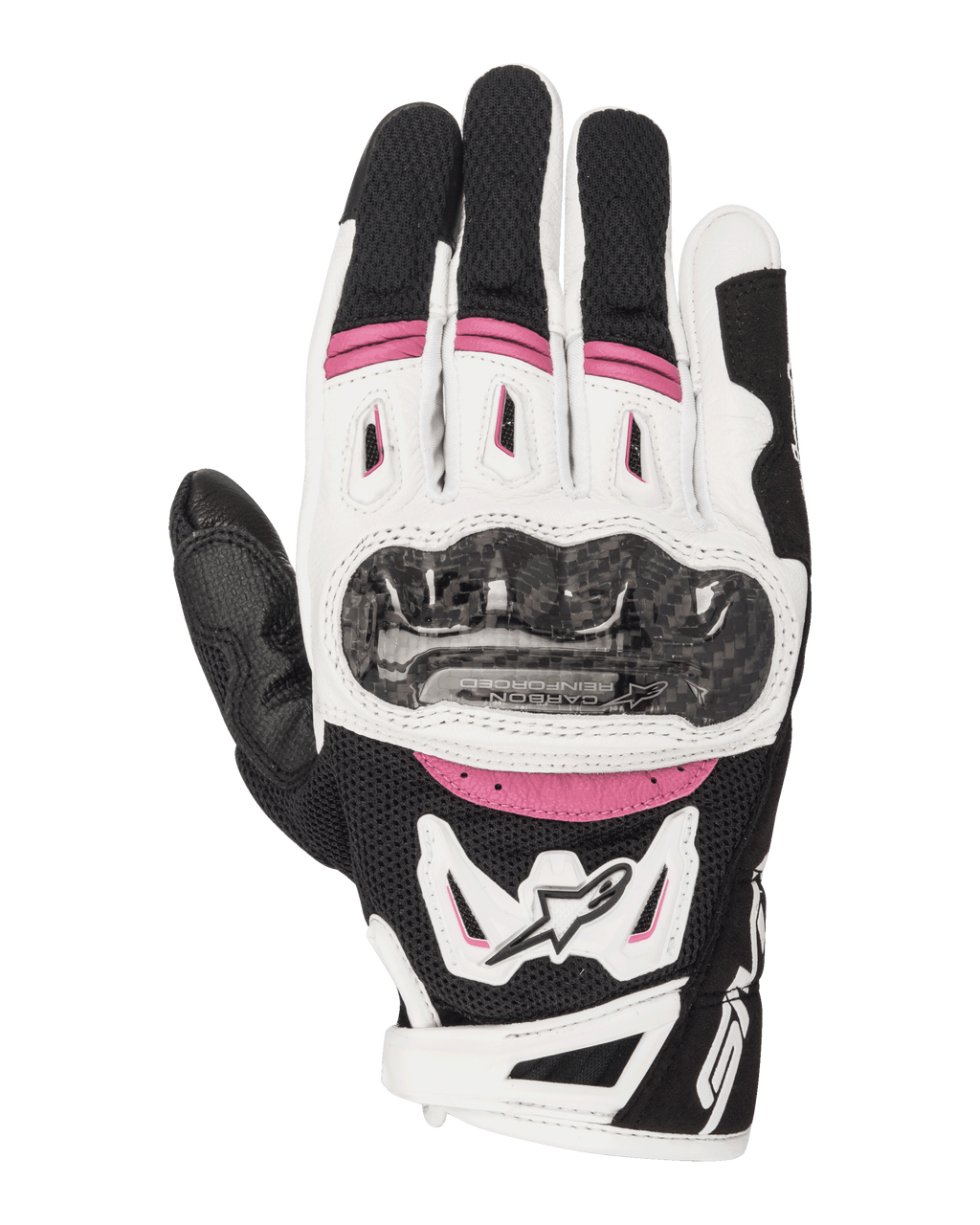 Alpinestars Stella SMX-2 Air Carbon V2, gants de moto pour femme, noir, blanc et fuchsia, avec protection des articulations en fibre de carbone, ventilation en mesh 3D et logo Alpinestars, design sportif à manchette courte