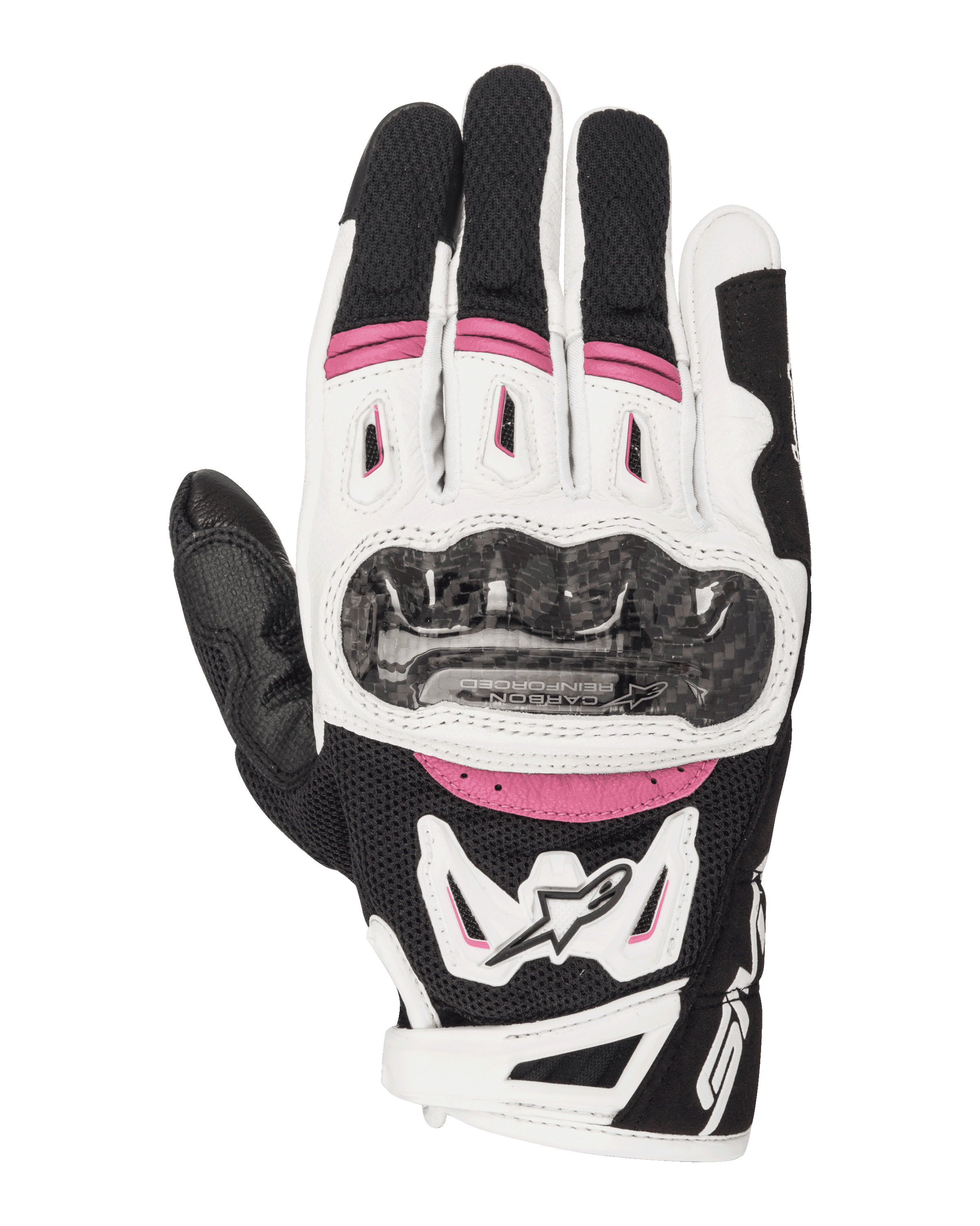 Alpinestars Stella SMX-2 Air Carbon V2, gants de moto pour femme, noir, blanc et fuchsia, avec protection des articulations en fibre de carbone, ventilation en mesh 3D et logo Alpinestars, design sportif à manchette courte