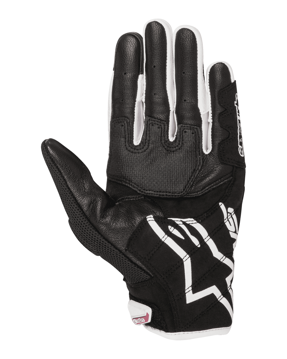 Gants de moto femme Alpinestars Stella SMX-2 Air Carbon V2, vue de la paume, noir et blanc avec détails fuchsia, conception en cuir et mesh avec paume renforcée et bouts des doigts compatibles avec les écrans tactiles.