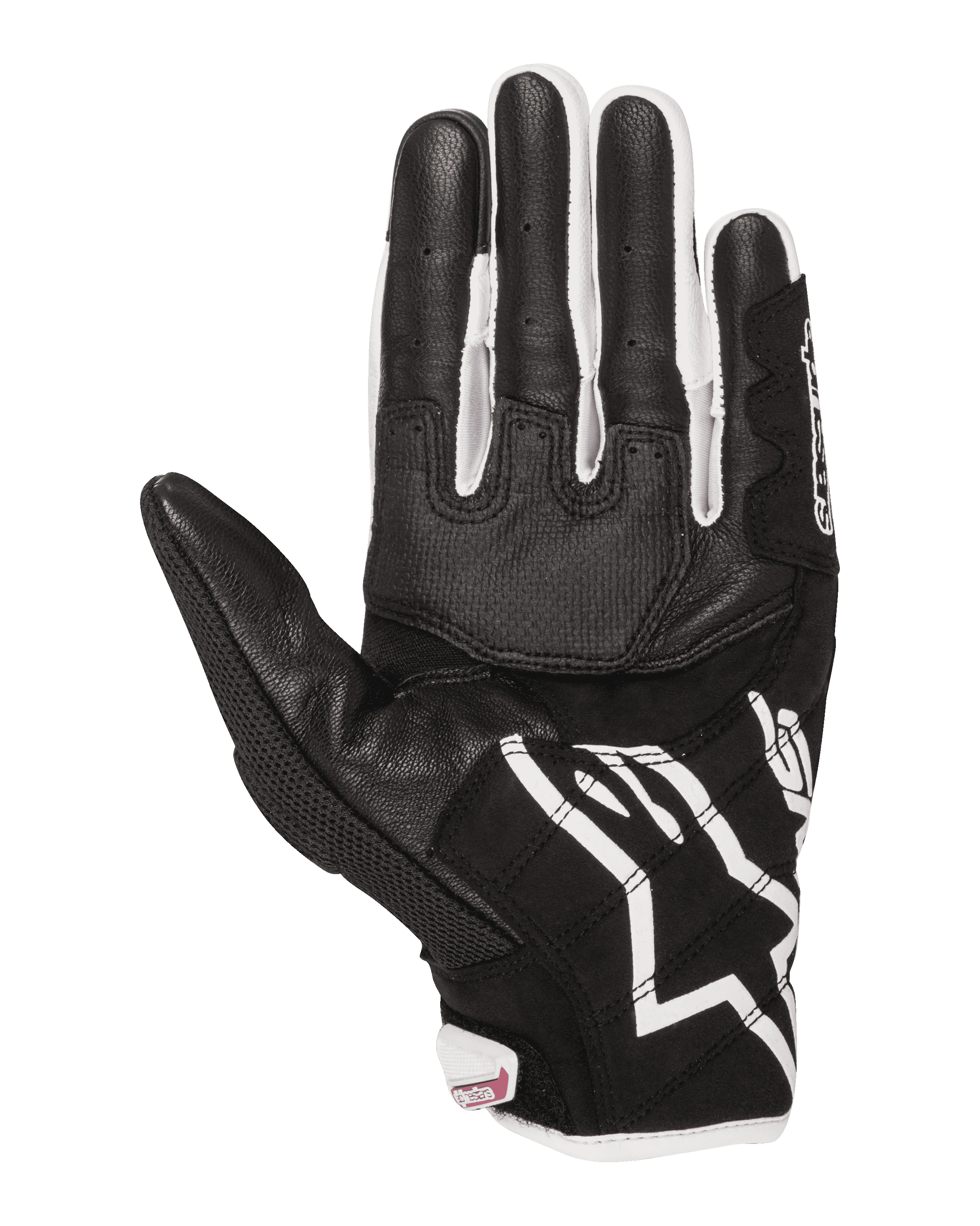Gants de moto femme Alpinestars Stella SMX-2 Air Carbon V2, vue de la paume, noir et blanc avec détails fuchsia, conception en cuir et mesh avec paume renforcée et bouts des doigts compatibles avec les écrans tactiles.
