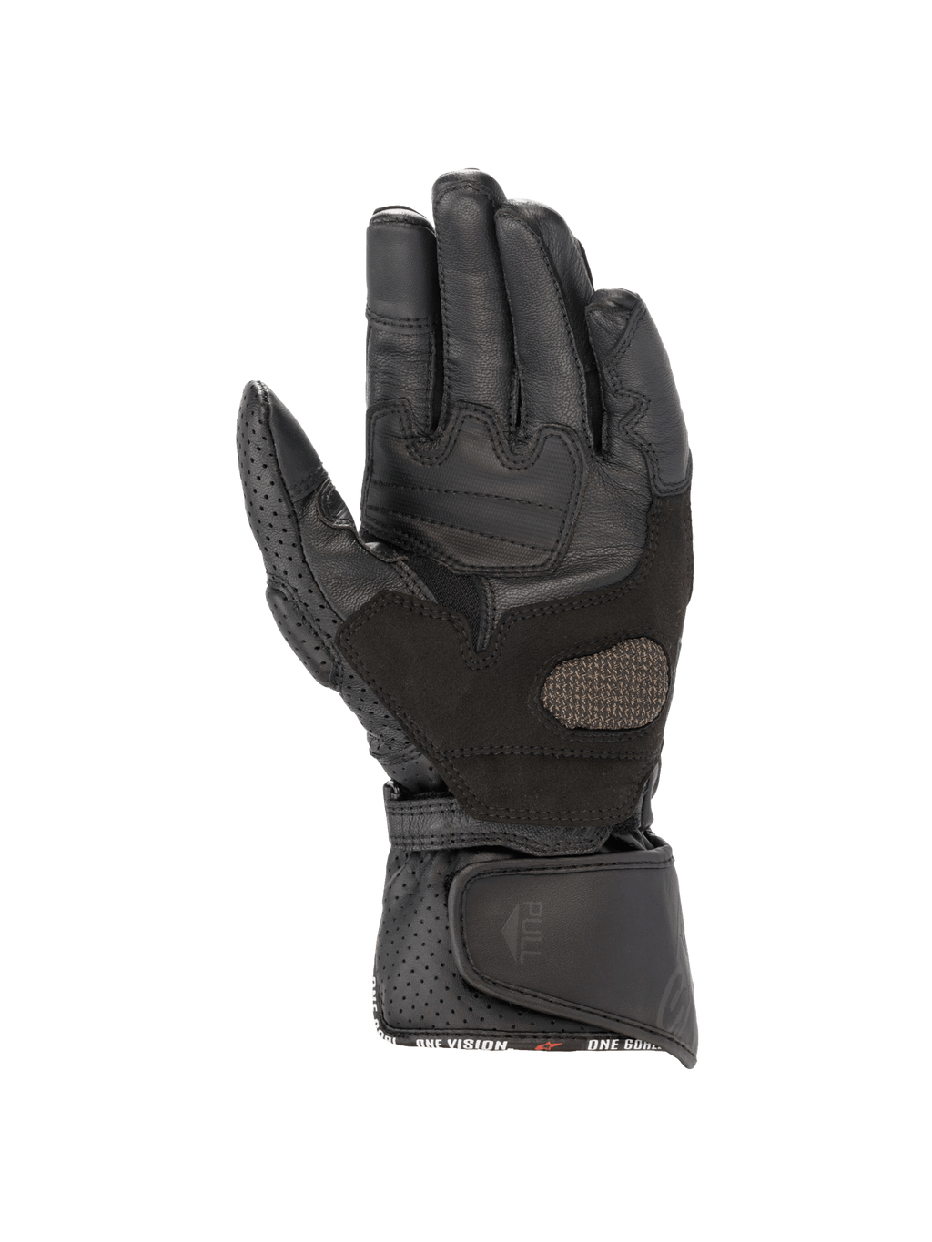 Alpinestars Stella SP-8 V3, gants de moto pour femme, noirs, vue de la paume en cuir avec renforts de grip et manchette perforée, équipement de protection