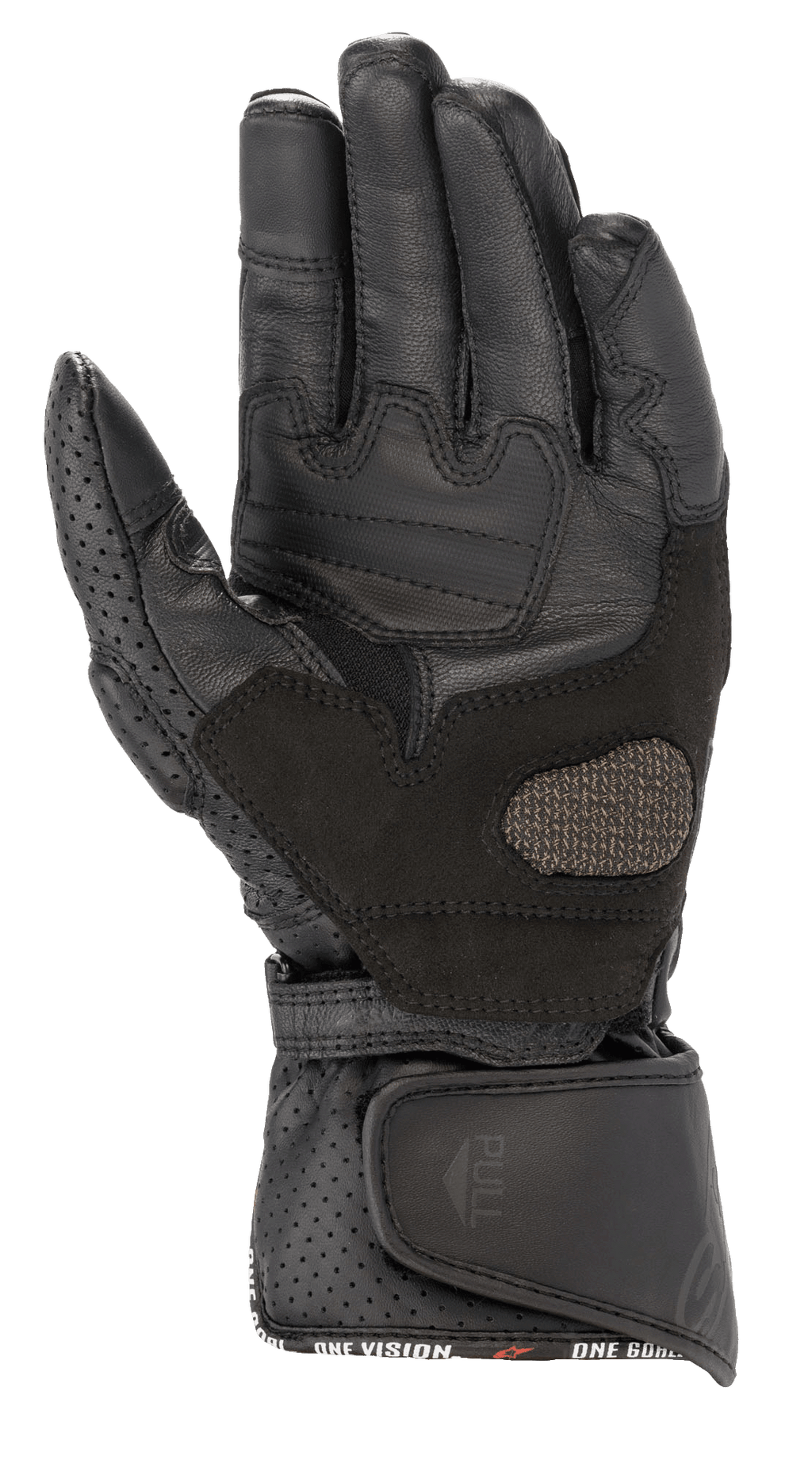 Gants Alpinestars Stella SP-8 V3 pour femme, gants de moto, noir, vue de la paume montrant les panneaux en cuir renforcés et les détails perforés, large fermeture de poignet réglable avec languette de tirage, équipement de protection haute performance pour femme