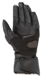 Gants Alpinestars Stella SP-8 V3 pour femme, gants de moto, noir, vue de la paume montrant les panneaux en cuir renforcés et les détails perforés, large fermeture de poignet réglable avec languette de tirage, équipement de protection haute performance pour femme