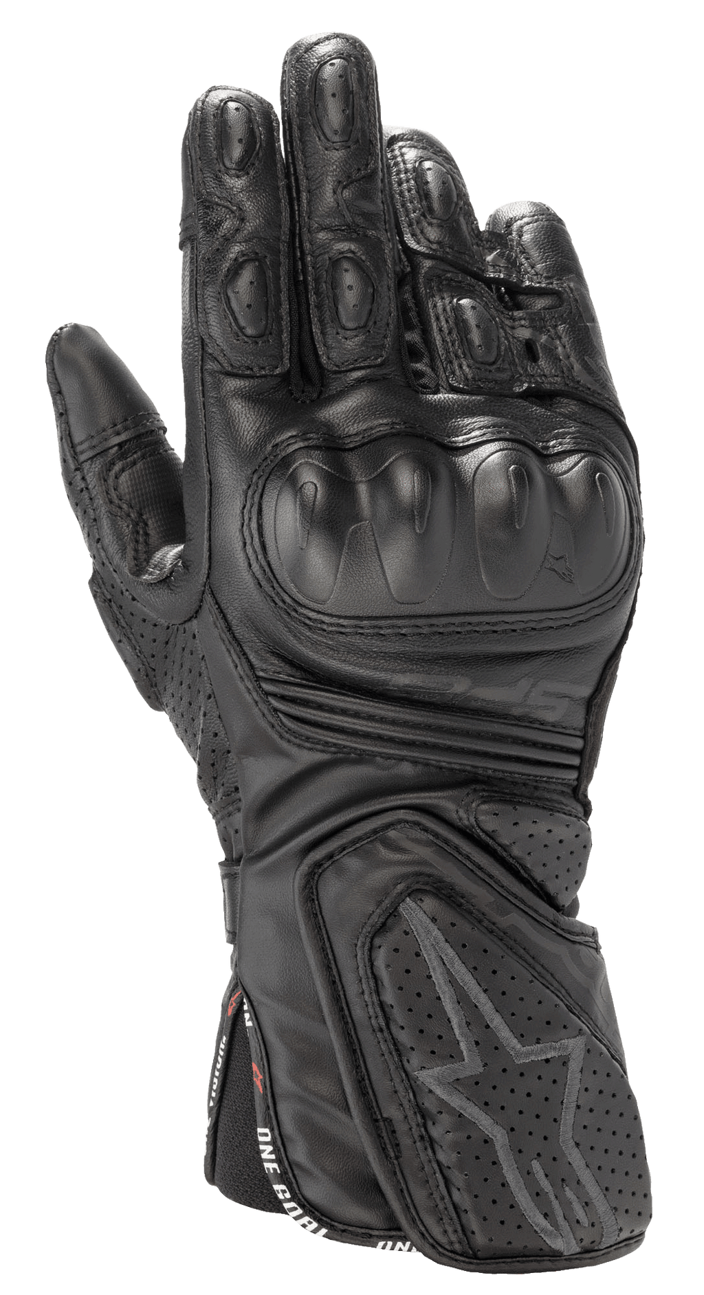 Gants Alpinestars Stella SP-8 V3, gants de moto racing pour femme, noir, construction en cuir de qualité supérieure, protection rigide des articulations, ventilations perforées, rembourrage aux doigts et au poignet, logo étoile, sangle One Goal One Vision