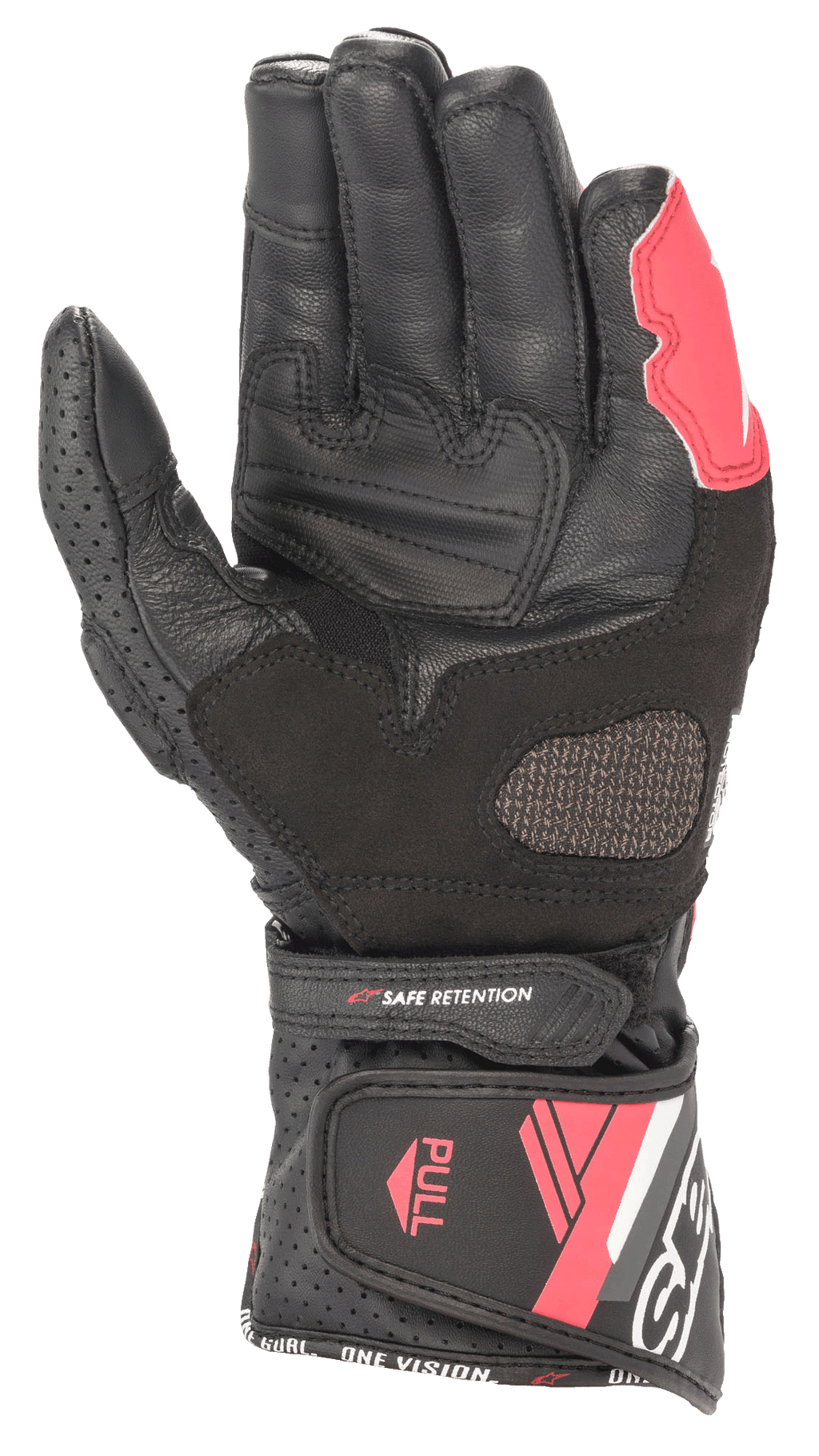Gants en cuir Alpinestars Stella SP-8 V3 pour femme, noir, blanc et rose diva, vue de la paume montrant la construction en cuir, les zones de préhension renforcées, les panneaux perforés et la fermeture de manchette ajustable.