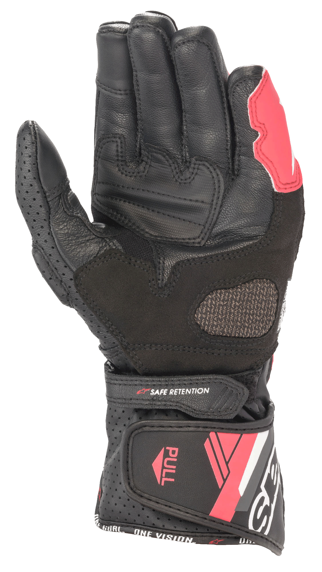 Gants en cuir Alpinestars Stella SP-8 V3 pour femme, noir, blanc et rose diva, vue de la paume montrant la construction en cuir, les zones de préhension renforcées, les panneaux perforés et la fermeture de manchette ajustable.