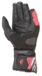 Gants en cuir Alpinestars Stella SP-8 V3 pour femme, noir, blanc et rose diva, vue de la paume montrant la construction en cuir, les zones de préhension renforcées, les panneaux perforés et la fermeture de manchette ajustable.