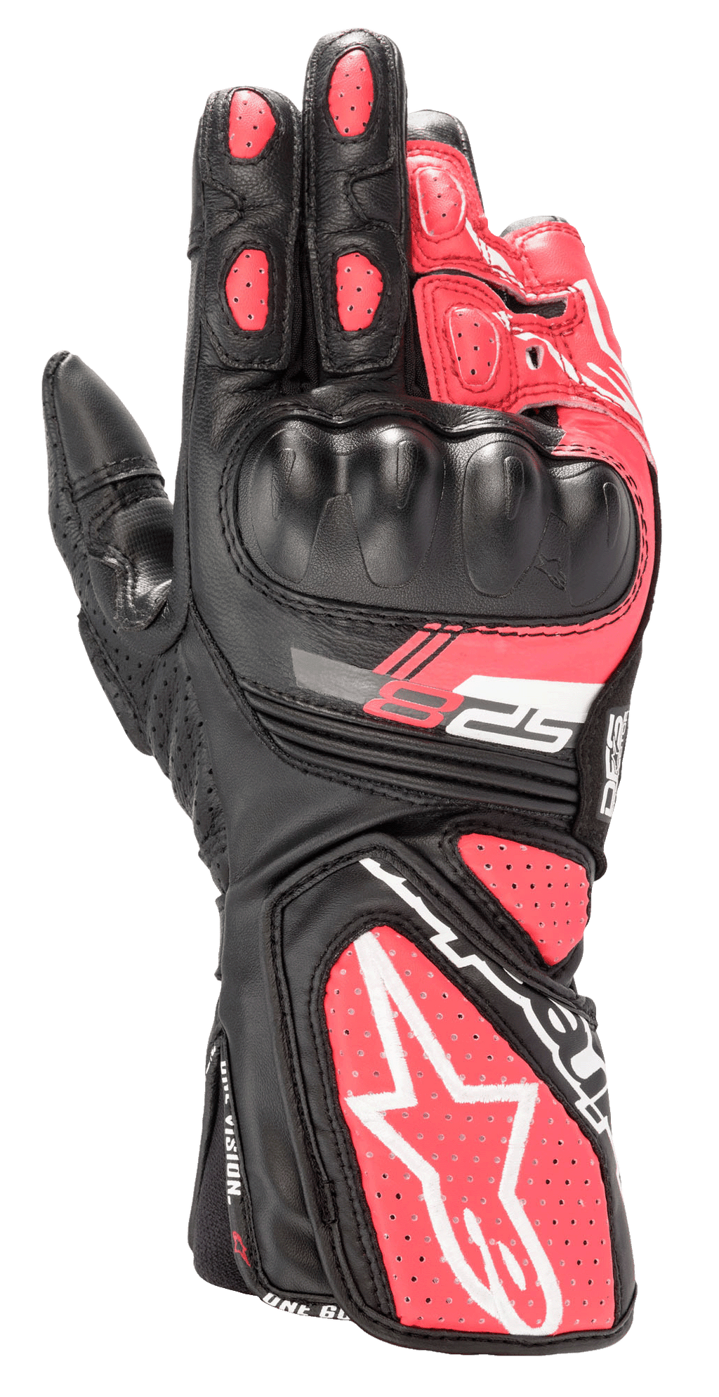 Gants Alpinestars Stella SP-8 V3 pour femme, gants de moto sport, noir, blanc et rose diva, avec protection rigide moulée aux articulations, empiècements en cuir rose perforé, manchette longue avec grand logo étoile blanc et marquage SP-8