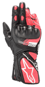 Gants Alpinestars Stella SP-8 V3 pour femme, gants de moto sport, noir, blanc et rose diva, avec protection rigide moulée aux articulations, empiècements en cuir rose perforé, manchette longue avec grand logo étoile blanc et marquage SP-8