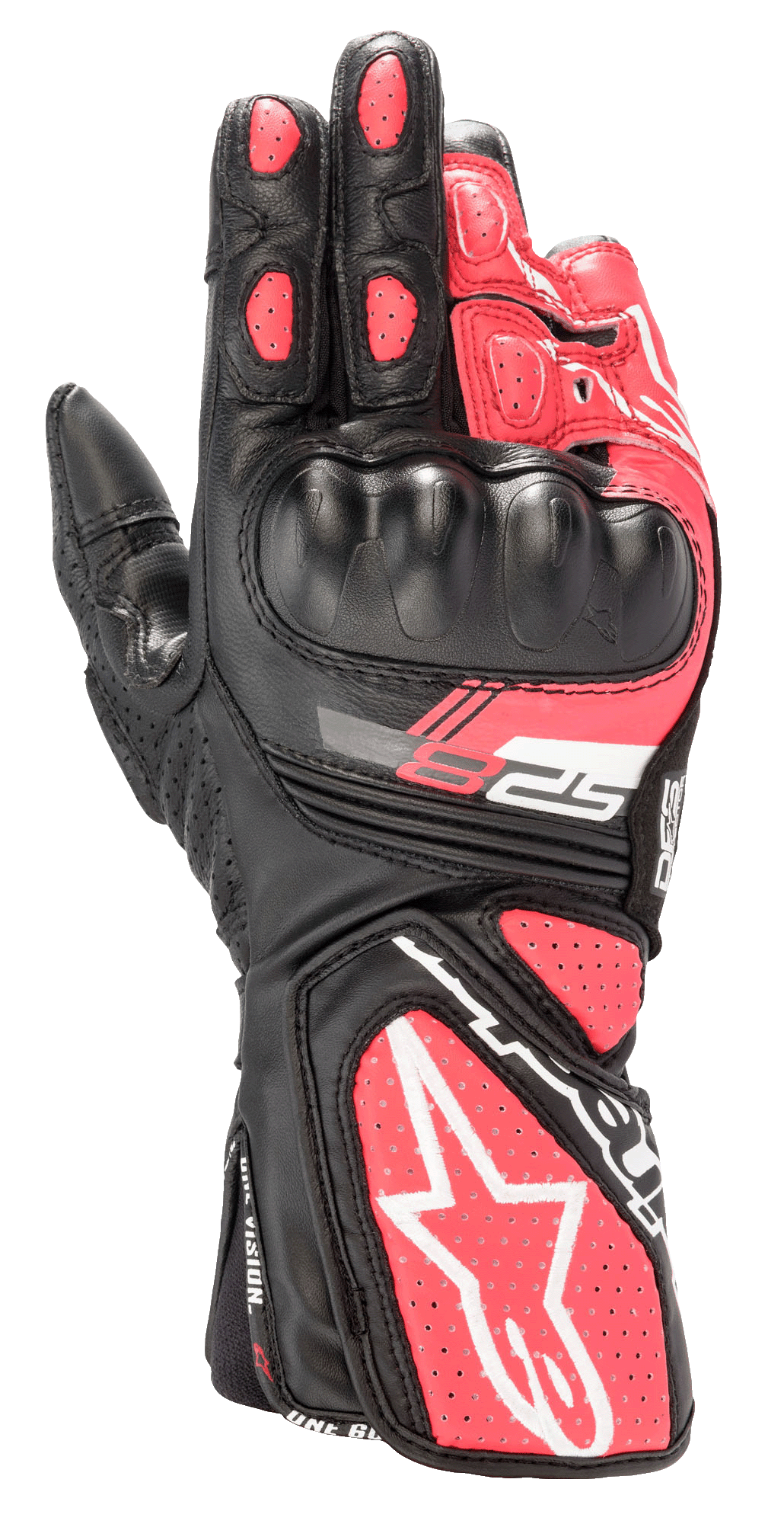 Gants Alpinestars Stella SP-8 V3 pour femme, gants de moto sport, noir, blanc et rose diva, avec protection rigide moulée aux articulations, empiècements en cuir rose perforé, manchette longue avec grand logo étoile blanc et marquage SP-8