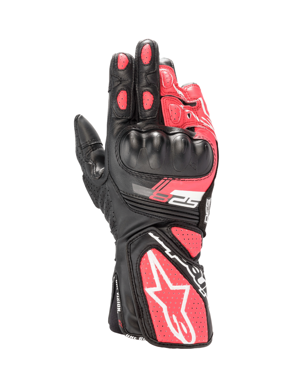 Alpinestars Stella SP-8 V3, gants de moto pour femme, noirs et rose diva, en cuir avec coque de protection rigide et accents blancs.