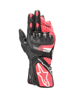 Alpinestars Stella SP-8 V3 Women's Motorcycle Gloves, Black and Diva Pink leather with hard knuckle protection and white accents.