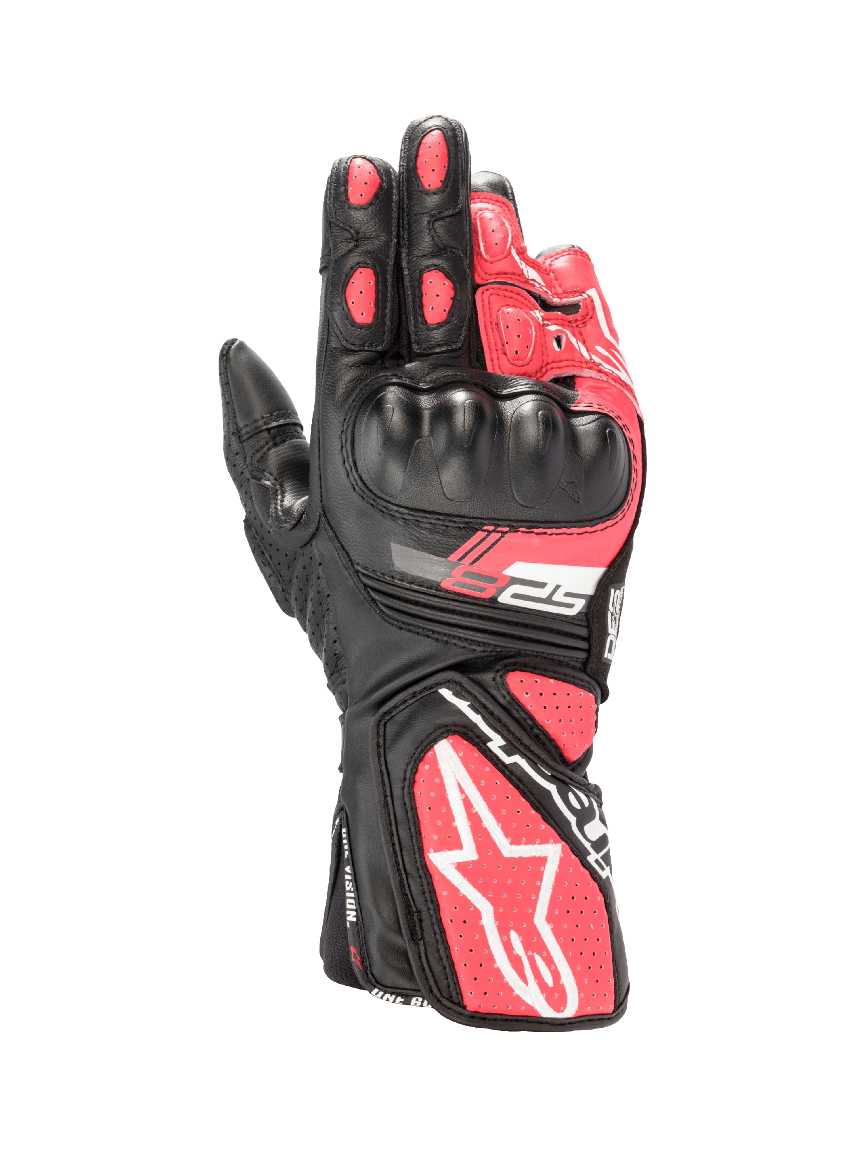 Alpinestars Stella SP-8 V3, gants de moto pour femme, noirs et rose diva, en cuir avec coque de protection rigide et accents blancs.