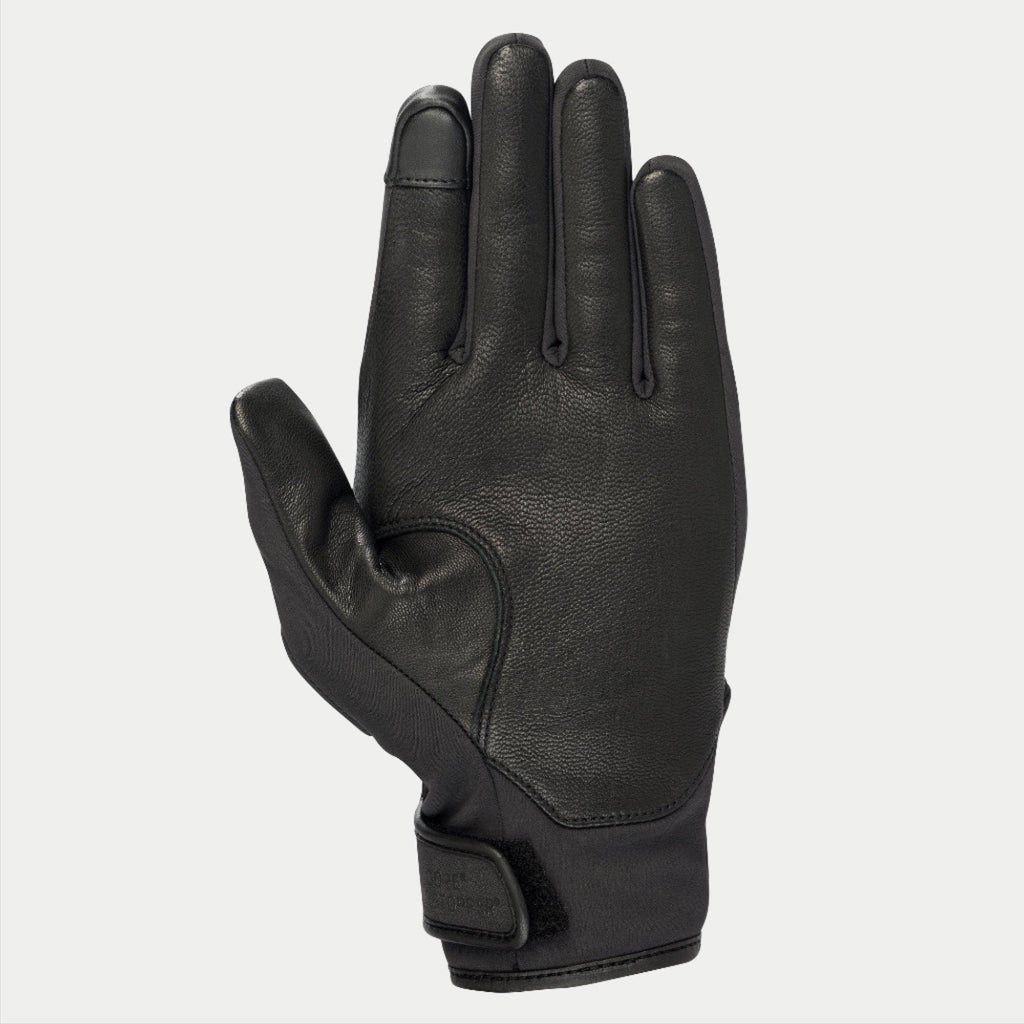 Gants Alpinestars C1 Windstopper V2, Noir, vue de la paume avec renforts en cuir pleine fleur sur la paume et le pouce, bout de l'index compatible avec les écrans tactiles, manchette courte avec fermeture auto-agrippante, gant de moto pour conduite urbaine