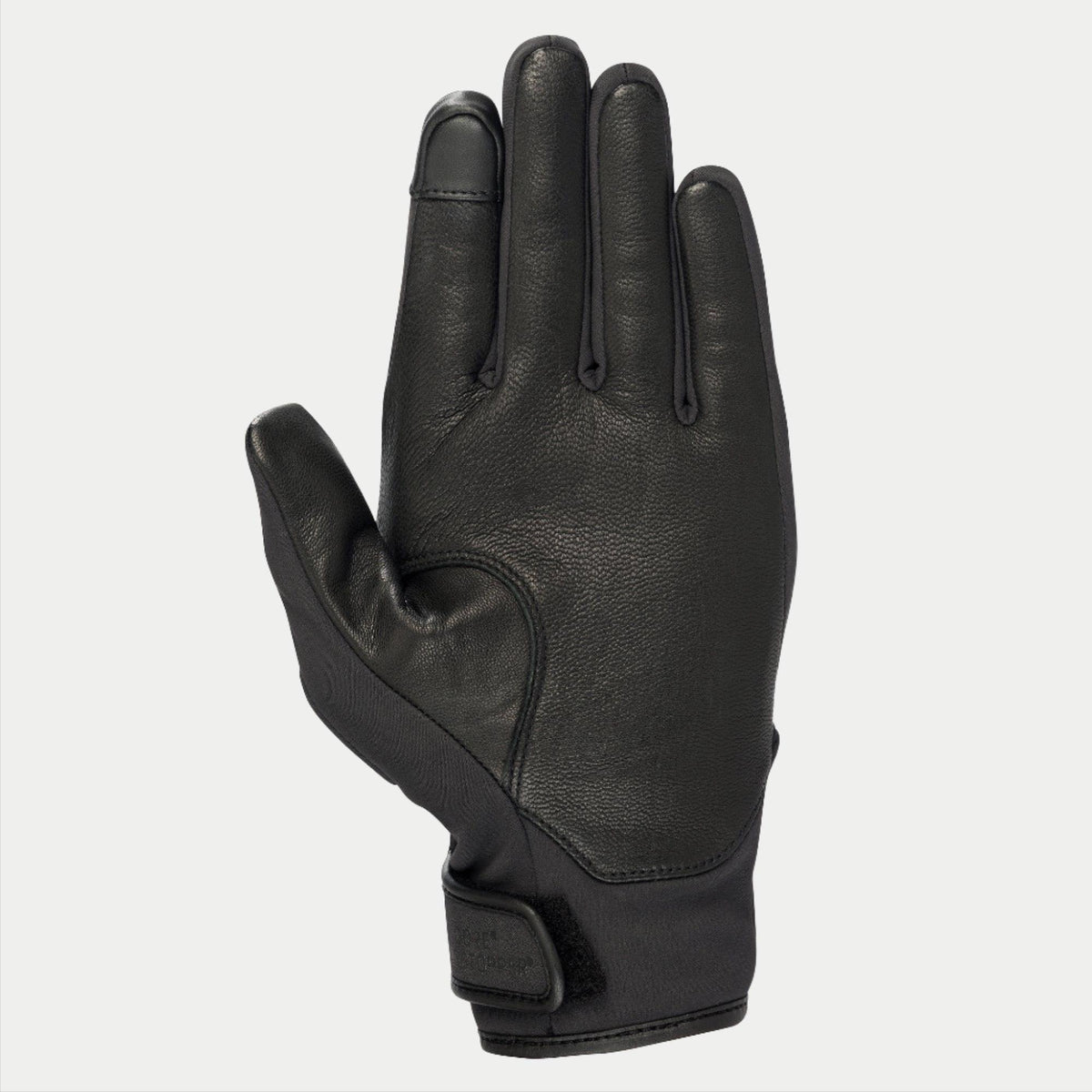Gants Alpinestars C1 Windstopper V2, Noir, vue de la paume avec renforts en cuir pleine fleur sur la paume et le pouce, bout de l'index compatible avec les écrans tactiles, manchette courte avec fermeture auto-agrippante, gant de moto pour conduite urbaine