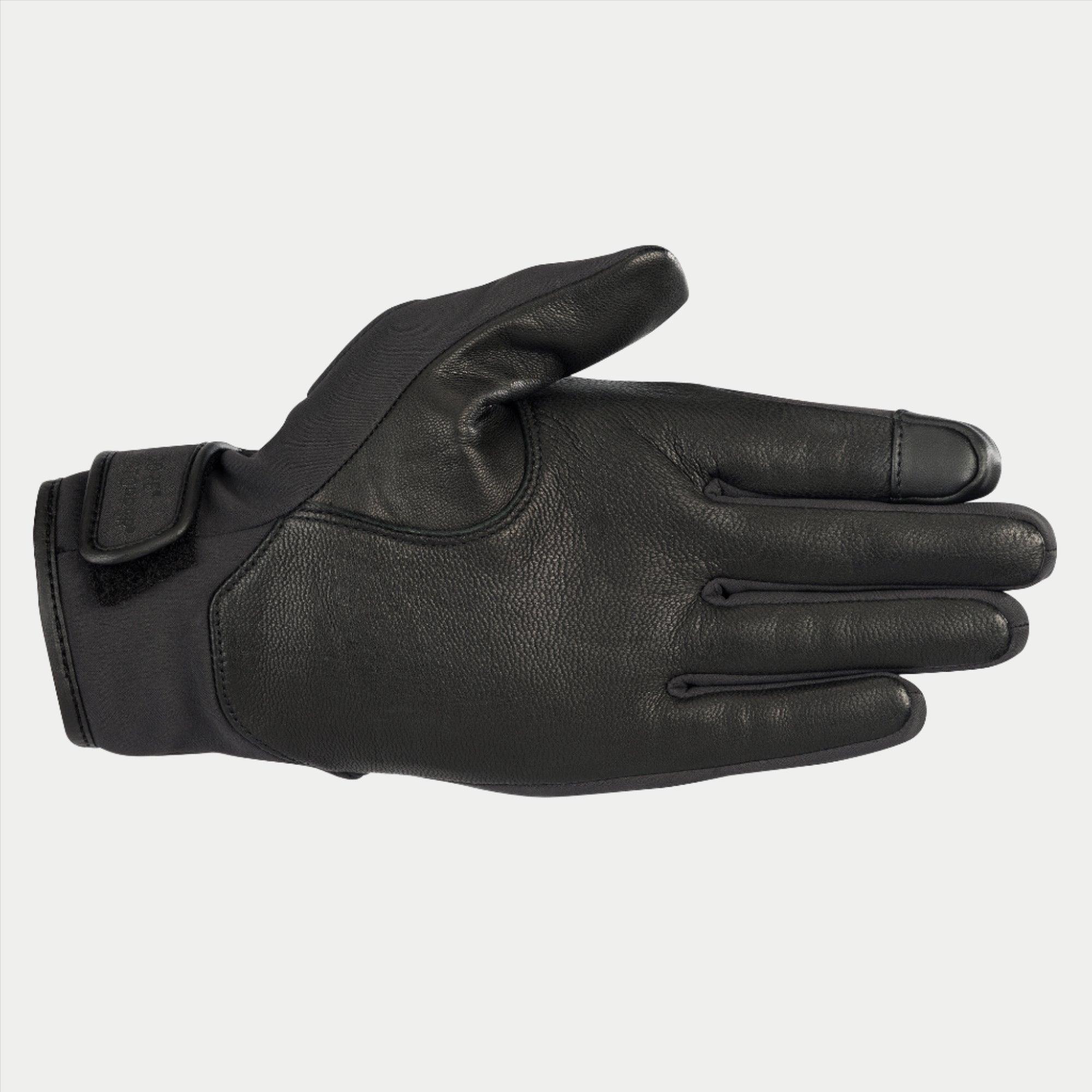 Gants Alpinestars C1 Windstopper V2, Noir, vue de la paume avec renforts en cuir pleine fleur sur la paume et le pouce, bout de l'index compatible avec les écrans tactiles, manchette courte avec fermeture auto-agrippante, gant de moto pour conduite urbaine