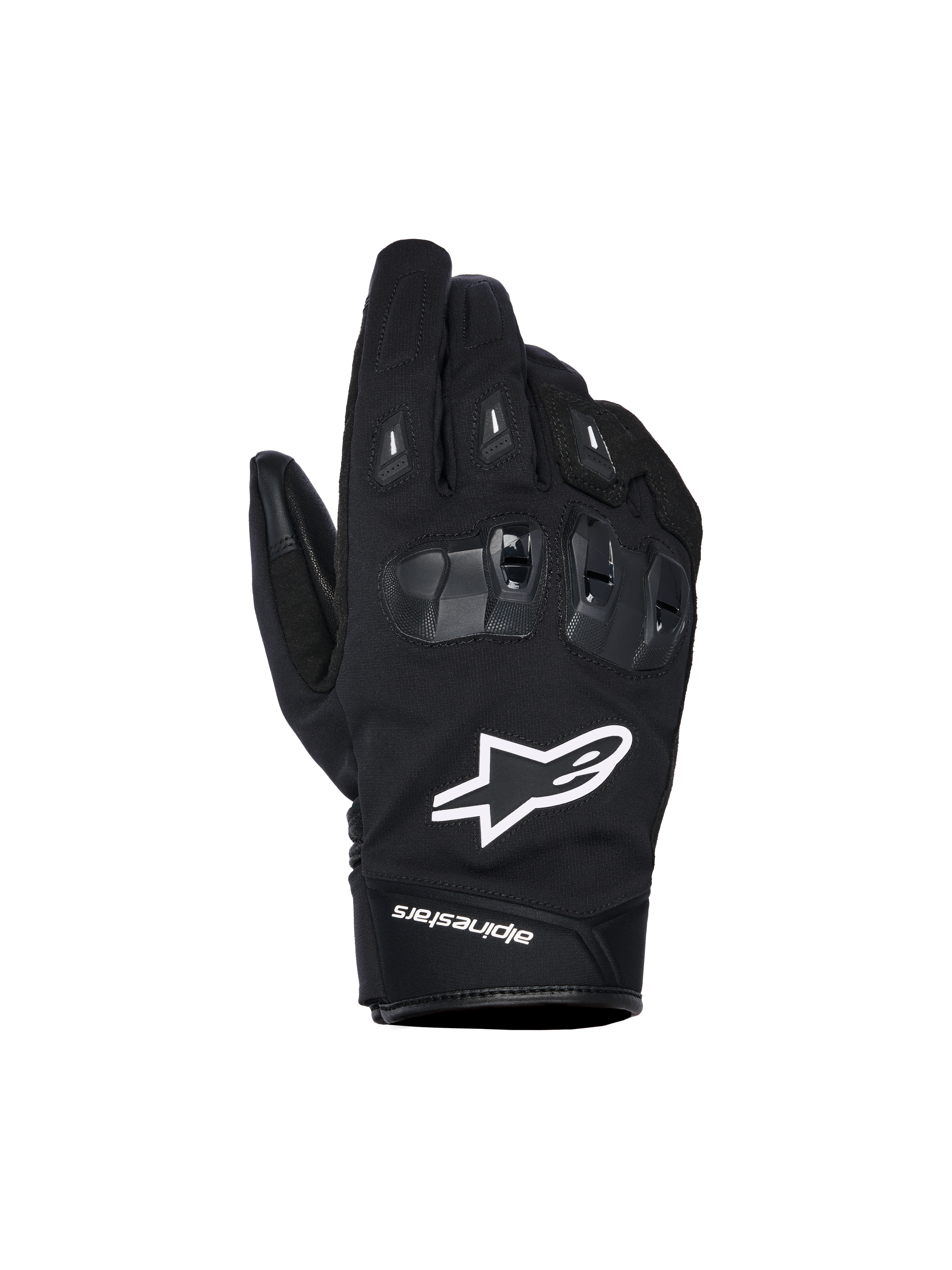 Alpinestars SP X Z Waterproof Gloves, gants de moto noirs avec logo étoile blanc, dotés d'une protection des articulations en TPU SP X texturé avec segments noirs brillants, design urbain épuré avec coutures renforcées, construction imperméable pour rouler par tous les temps