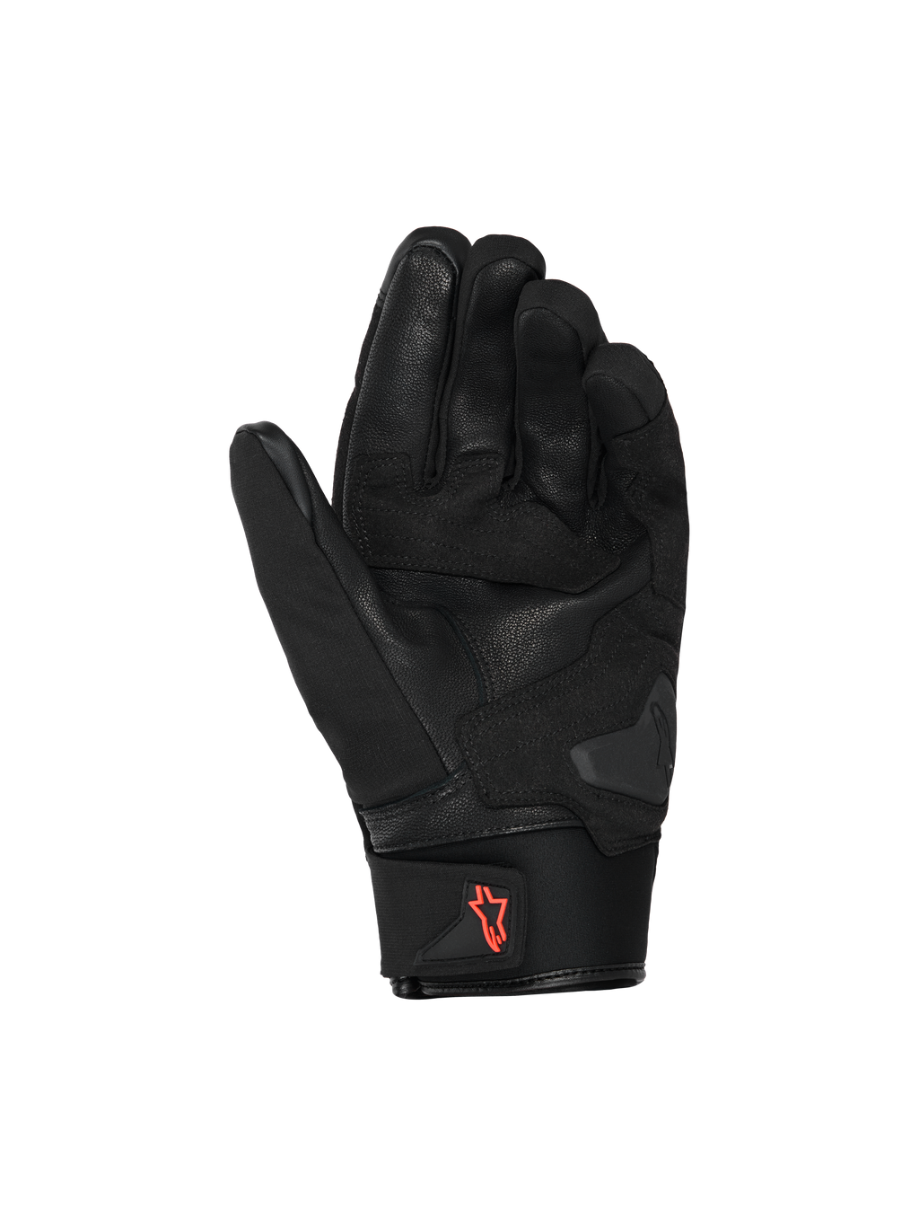 Gants Alpinestars SP X Z Waterproof, gants de moto, noir avec logo rouge fluo, vue de la paume montrant la construction en cuir et les zones de préhension renforcées, manchette en néoprène avec languette de traction, équipement de route haute performance