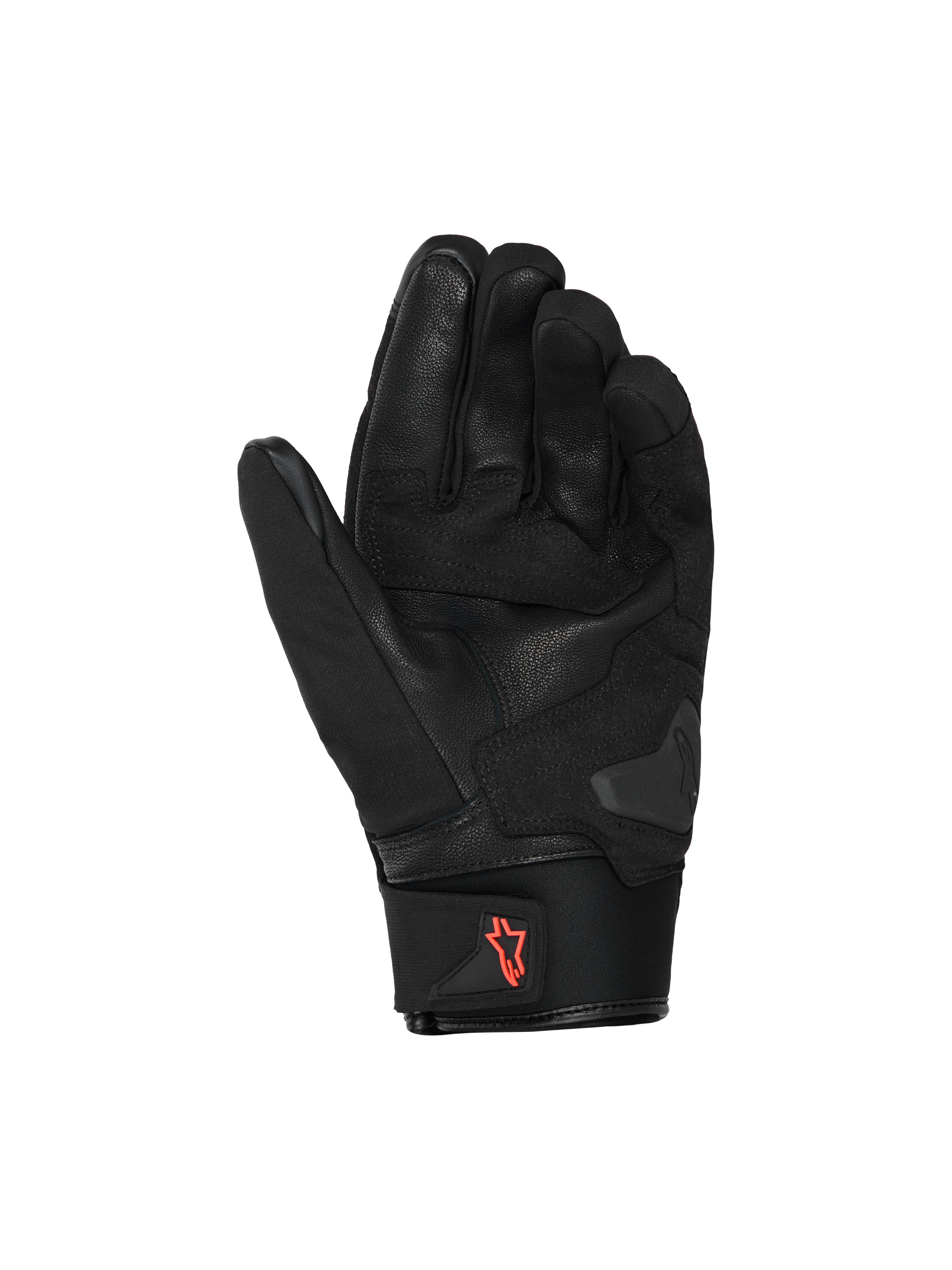 Gants Alpinestars SP X Z Waterproof, gants de moto, noir avec logo rouge fluo, vue de la paume montrant la construction en cuir et les zones de préhension renforcées, manchette en néoprène avec languette de traction, équipement de route haute performance