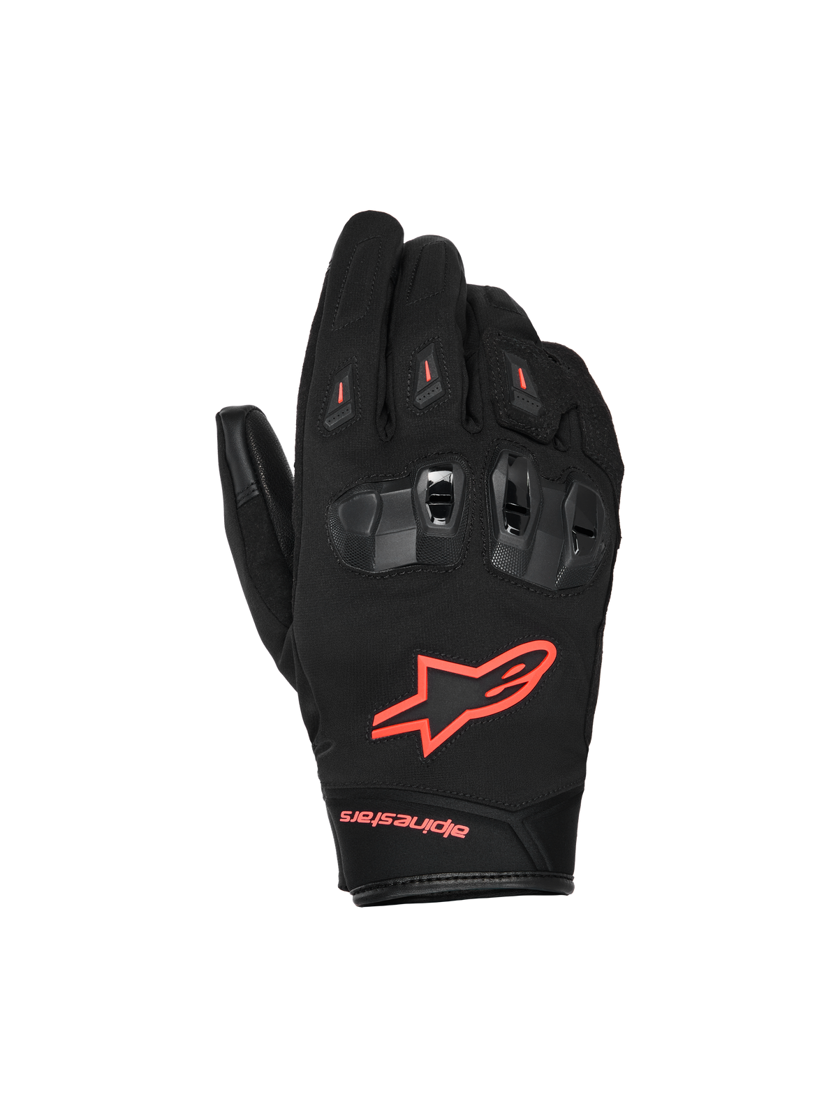 Alpinestars SP X Z Waterproof Gloves, Motorcycle Gloves, Black and Red Fluo, featuring divided TPU knuckle protectors with ventilation, bright red fluo logo on the back of the hand, and durable textile and leather construction for all-weather performance.