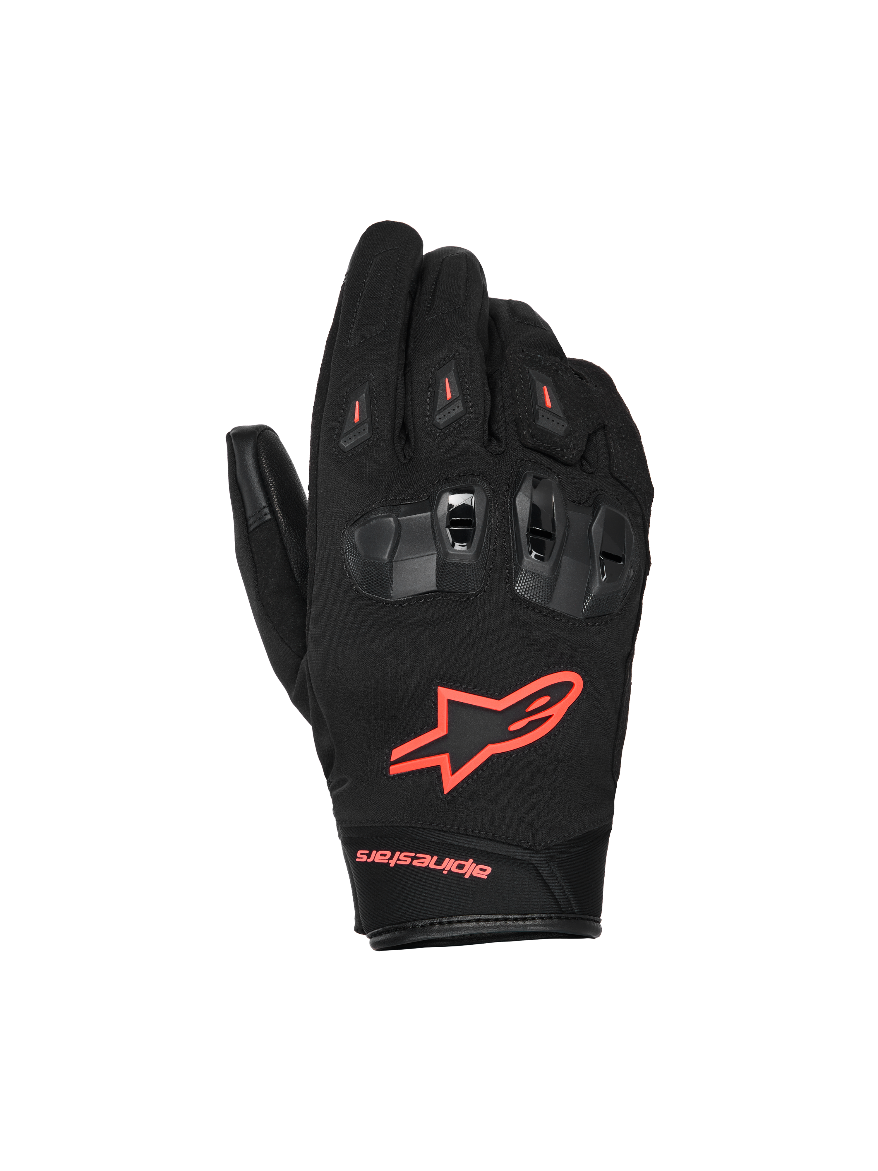 Alpinestars SP X Z Waterproof Gloves, gants de moto, noir et rouge fluo, dotés de protections d'articulations en TPU divisées avec ventilation, logo rouge fluo éclatant sur le dos de la main, et construction durable en textile et cuir pour une performance toutes saisons.
