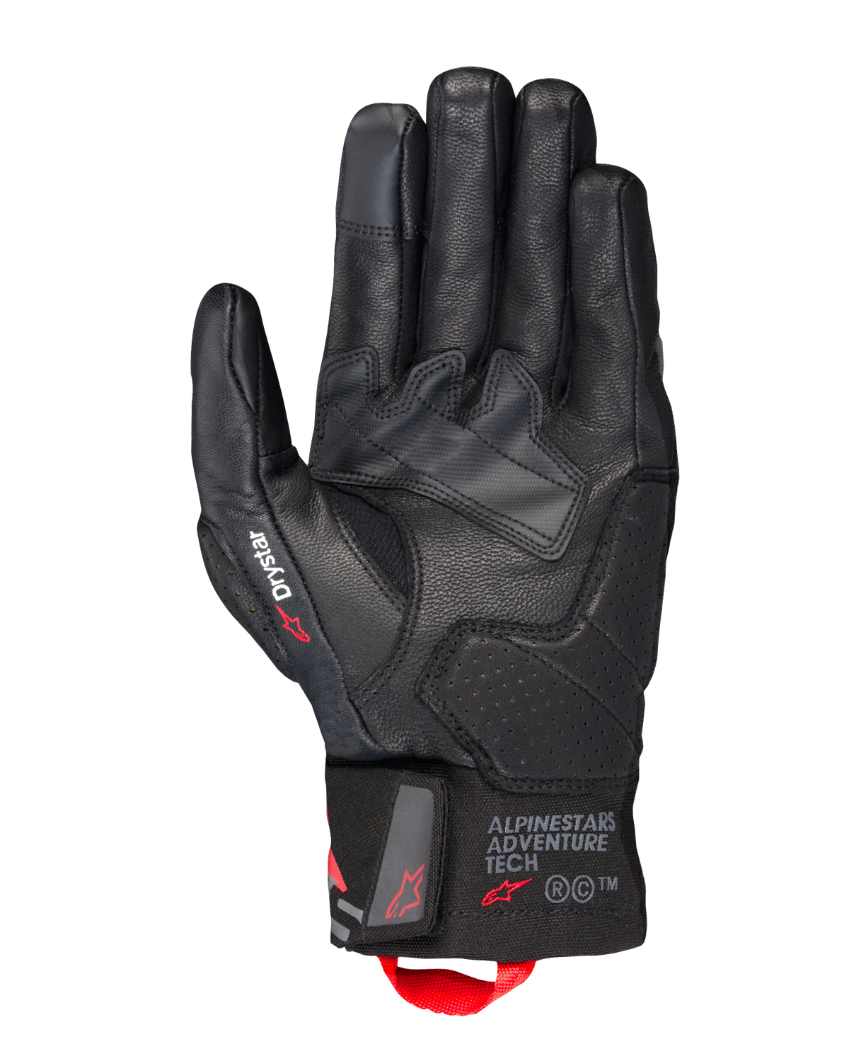 Gants Alpinestars Belize V3 Drystar®, gants de moto touring noirs, vue de la paume présentant une construction en cuir avec des renforts perforés, marquage Drystar sur le pouce, logo Adventure Tech sur la manchette et boucle de tirage rouge.