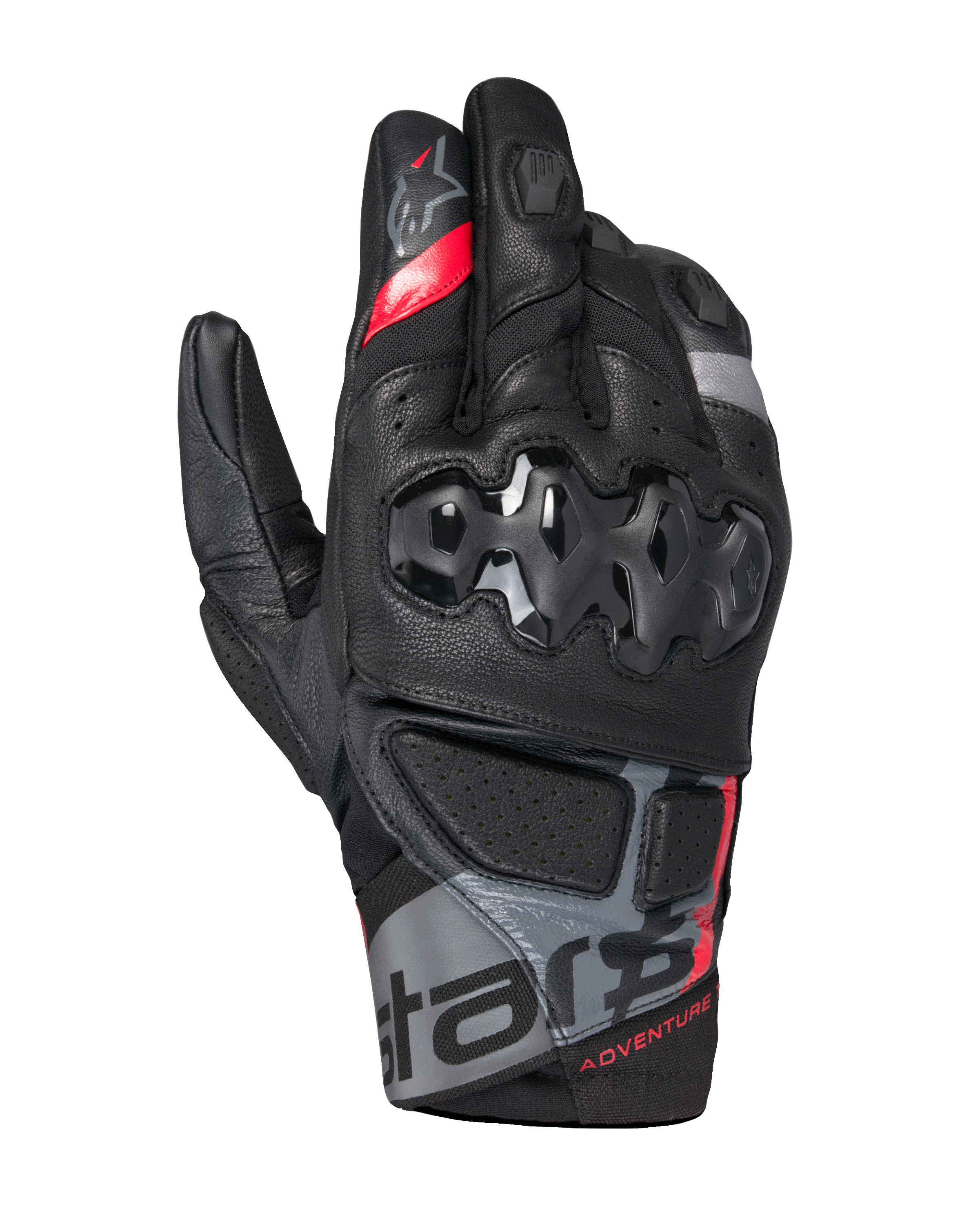 Gants Alpinestars Belize V3 Drystar, gants de moto adventure à manchette courte, noirs avec des détails rouges et gris, dotés d'une protection de jointures rigide à motif hexagonal, de panneaux en cuir perforé et du marquage « ADVENTURE » au poignet.