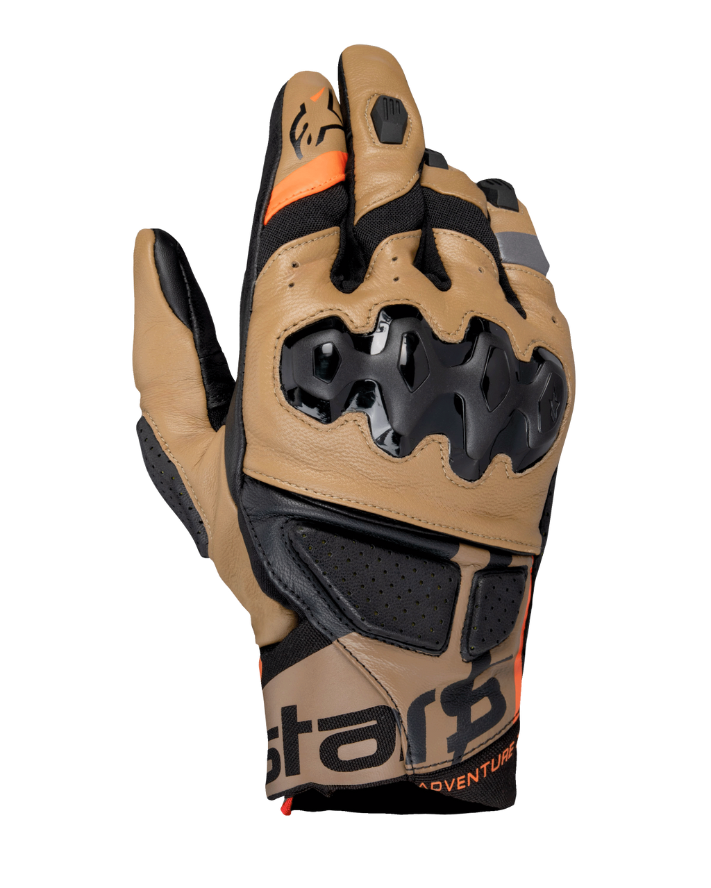 Gants Alpinestars Belize V3 Drystar, gants de moto adventure, marron Gobi et noir, dotés d'une protection d'articulations SP injectée, design à manchette courte, empiècements en cuir perforé, détails orange et marquage Alpinestars sur la manchette