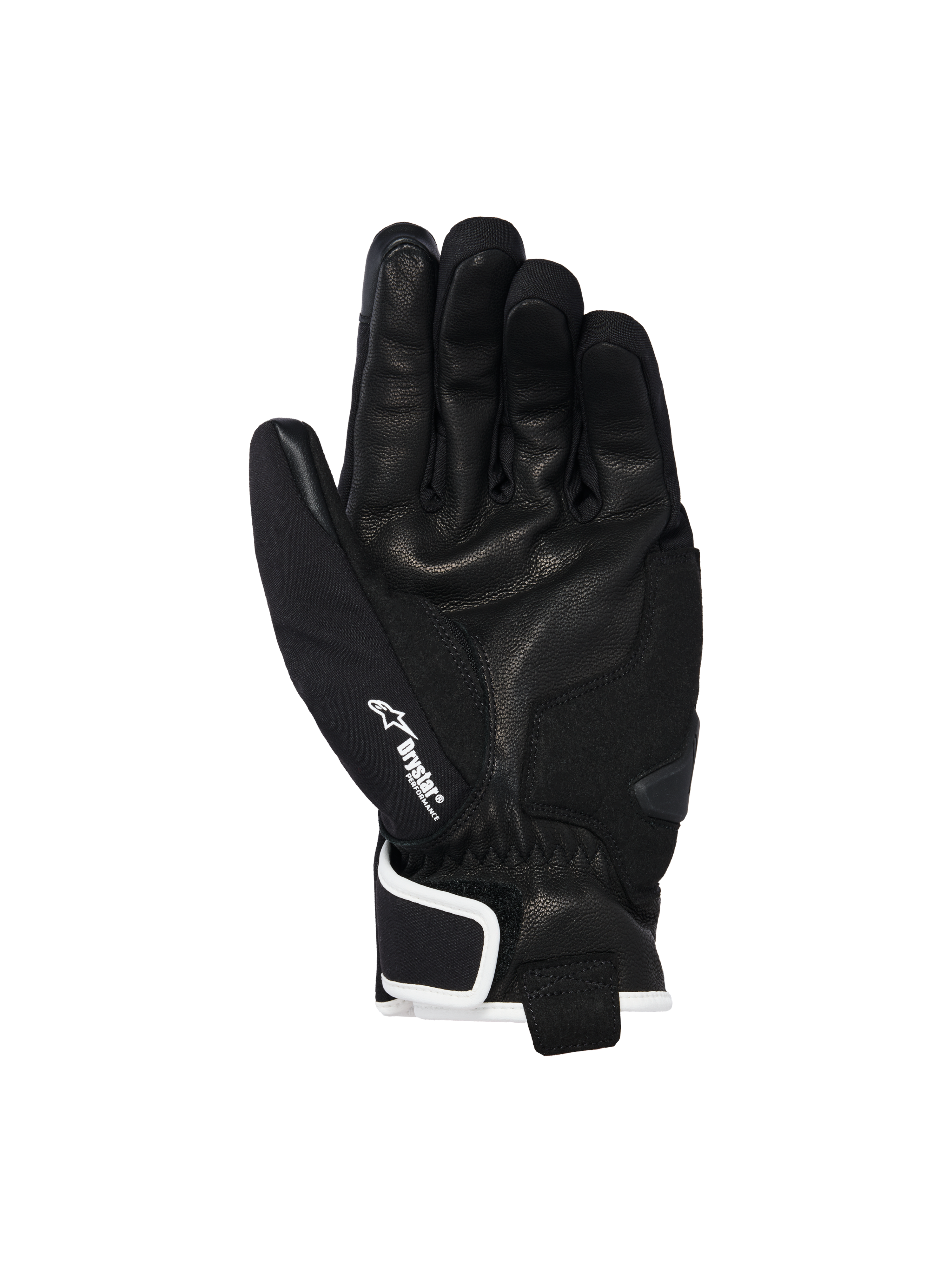 Gants étanches Alpinestars Moblast, noir avec finitions blanc cassé, vue de la paume montrant la construction en cuir de chèvre, logo Drystar blanc sur le pouce et renfort de slider de paume, équipement de moto urbain à manchette courte