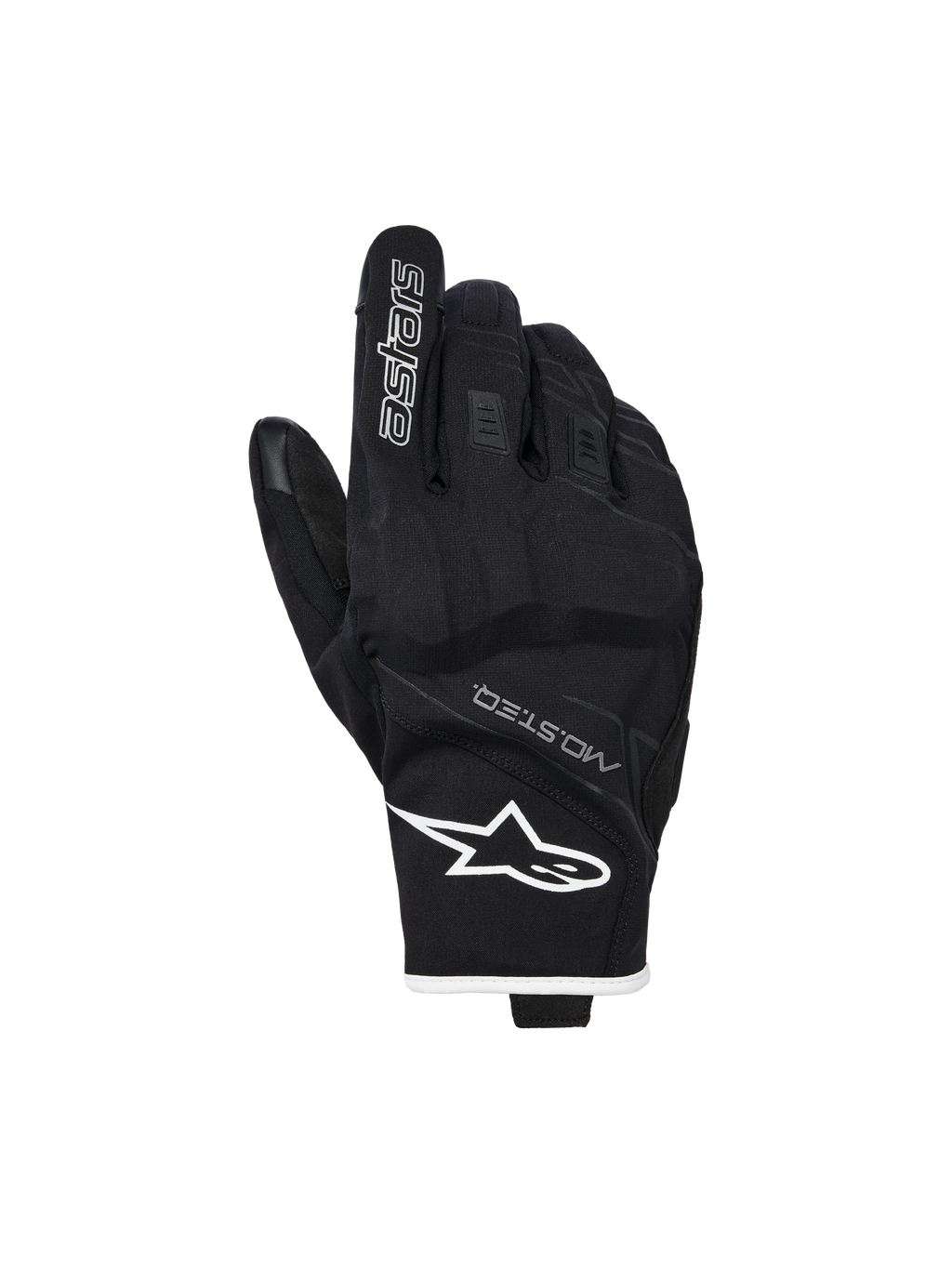 Gants imperméables Alpinestars Moblast, gants de moto, noir et blanc, vue du dos de la main montrant le logo étoile blanc sur le poignet et le marquage 'astars' sur l'index, avec le texte MO.ST.EQ., matériau extensible texturé, articulations renforcées et design à manchette courte.