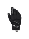Gants imperméables Alpinestars Moblast, gants de moto, noir et blanc, vue du dos de la main montrant le logo étoile blanc sur le poignet et le marquage 'astars' sur l'index, avec le texte MO.ST.EQ., matériau extensible texturé, articulations renforcées et design à manchette courte.