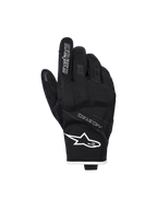 Gants imperméables Alpinestars Moblast, gants de moto, noir et blanc, vue du dos de la main montrant le logo étoile blanc sur le poignet et le marquage 'astars' sur l'index, avec le texte MO.ST.EQ., matériau extensible texturé, articulations renforcées et design à manchette courte.