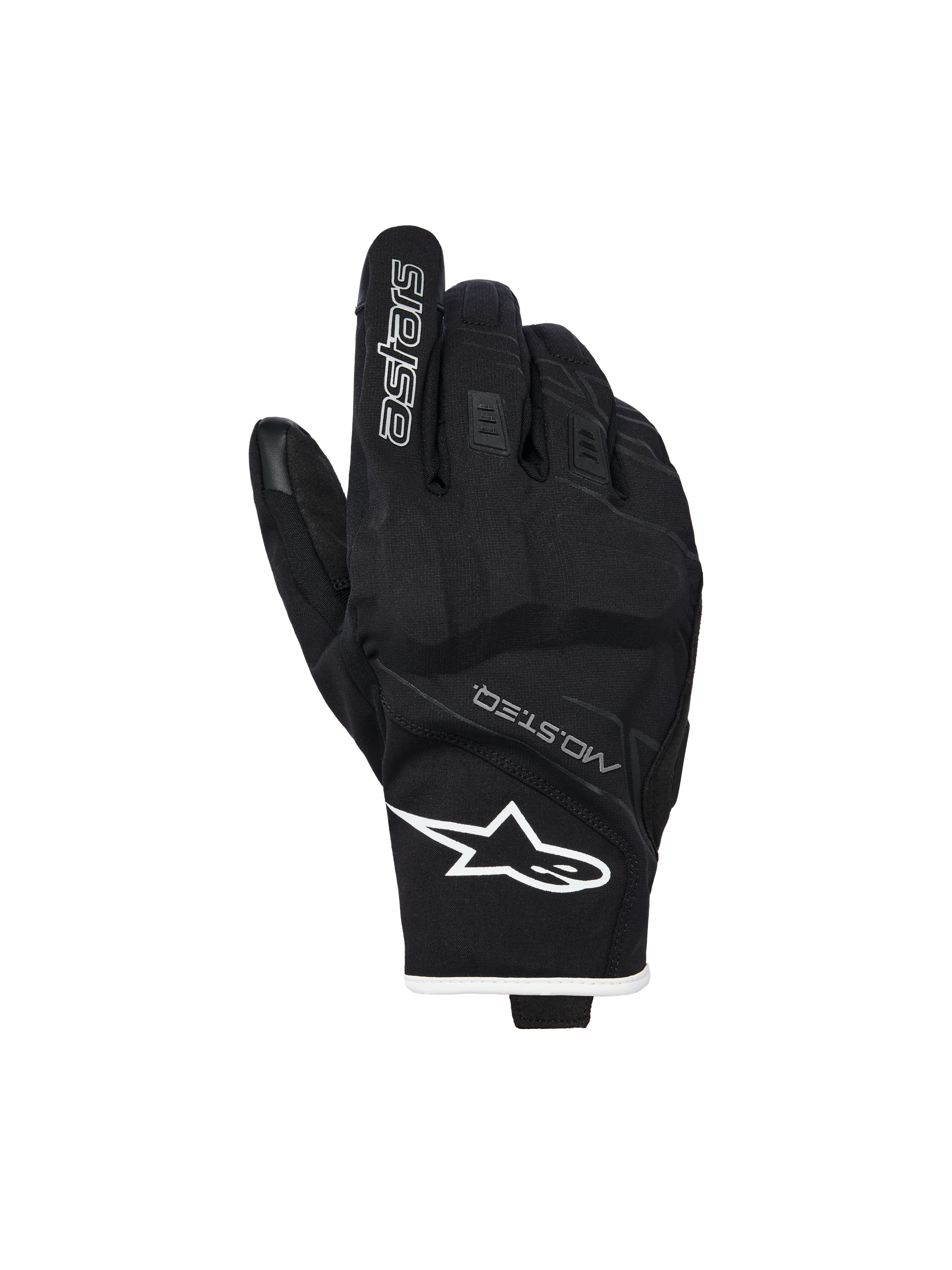 Gants imperméables Alpinestars Moblast, gants de moto, noir et blanc, vue du dos de la main montrant le logo étoile blanc sur le poignet et le marquage 'astars' sur l'index, avec le texte MO.ST.EQ., matériau extensible texturé, articulations renforcées et design à manchette courte.