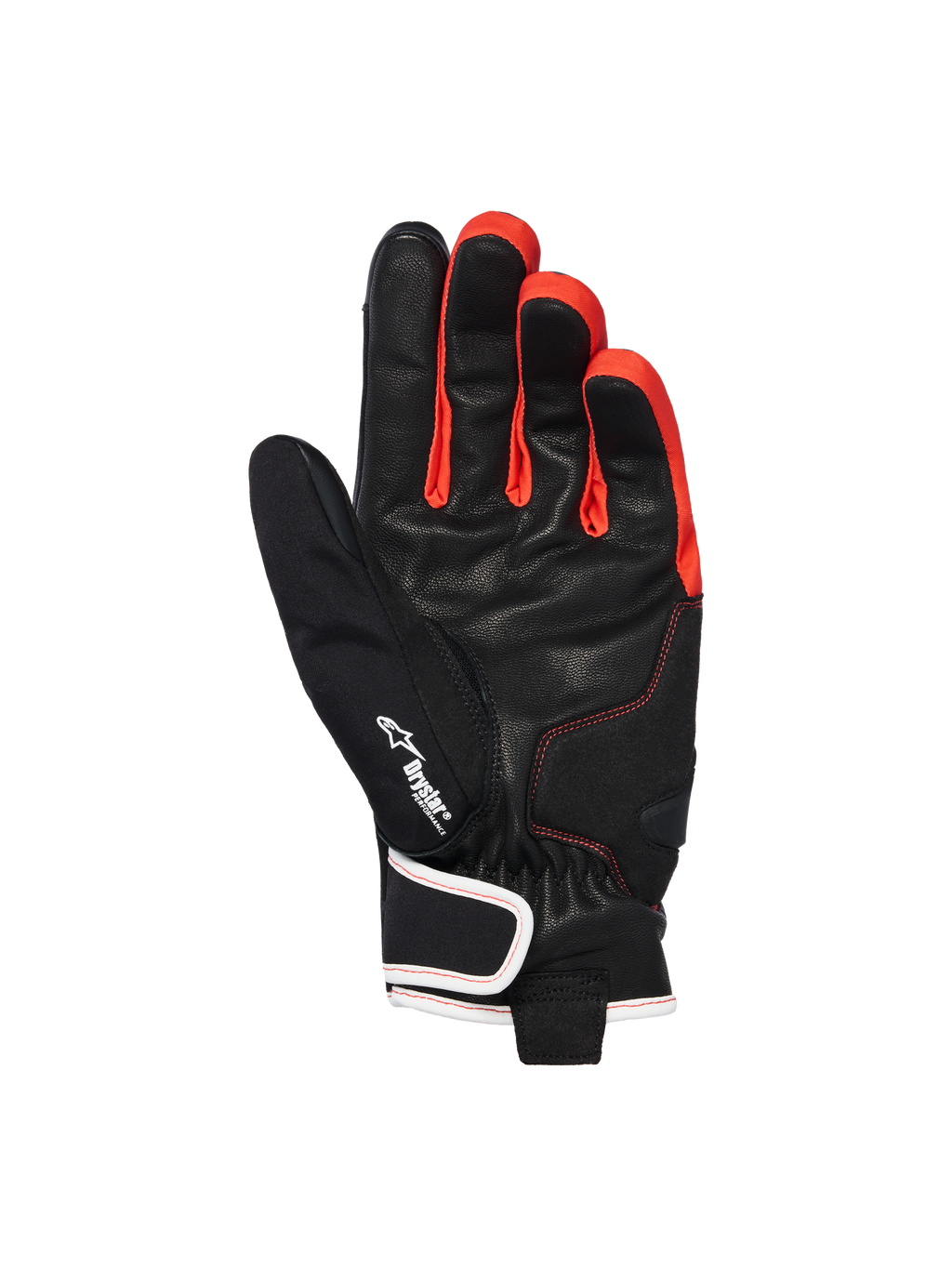 Gants imperméables Alpinestars Moblast, Noir Anthracite Orange, vue de la paume montrant la construction en cuir de chèvre, logo Drystar, touches d'orange vif entre les doigts, design à manchette courte avec fermeture au poignet bordée de blanc