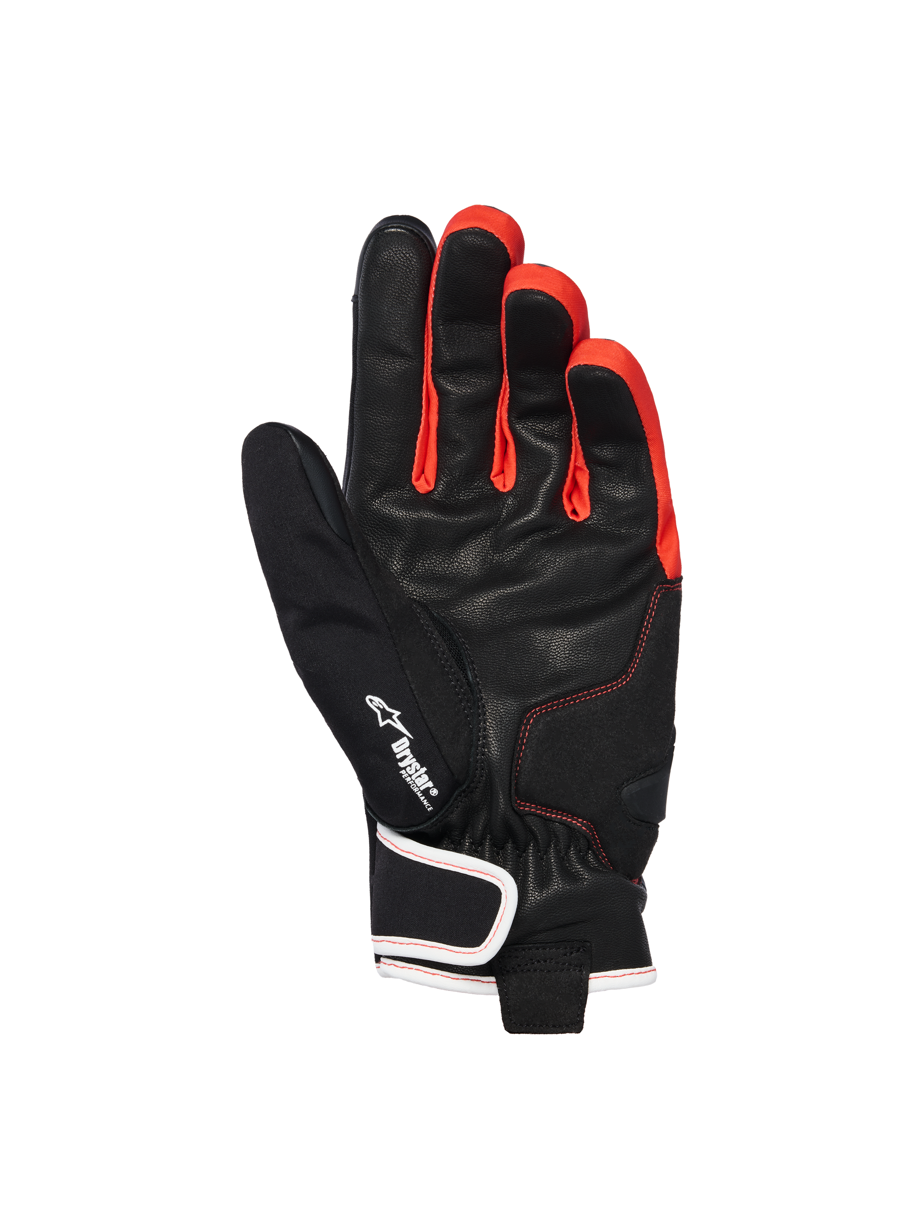 Gants imperméables Alpinestars Moblast, Noir Anthracite Orange, vue de la paume montrant la construction en cuir de chèvre, logo Drystar, touches d'orange vif entre les doigts, design à manchette courte avec fermeture au poignet bordée de blanc