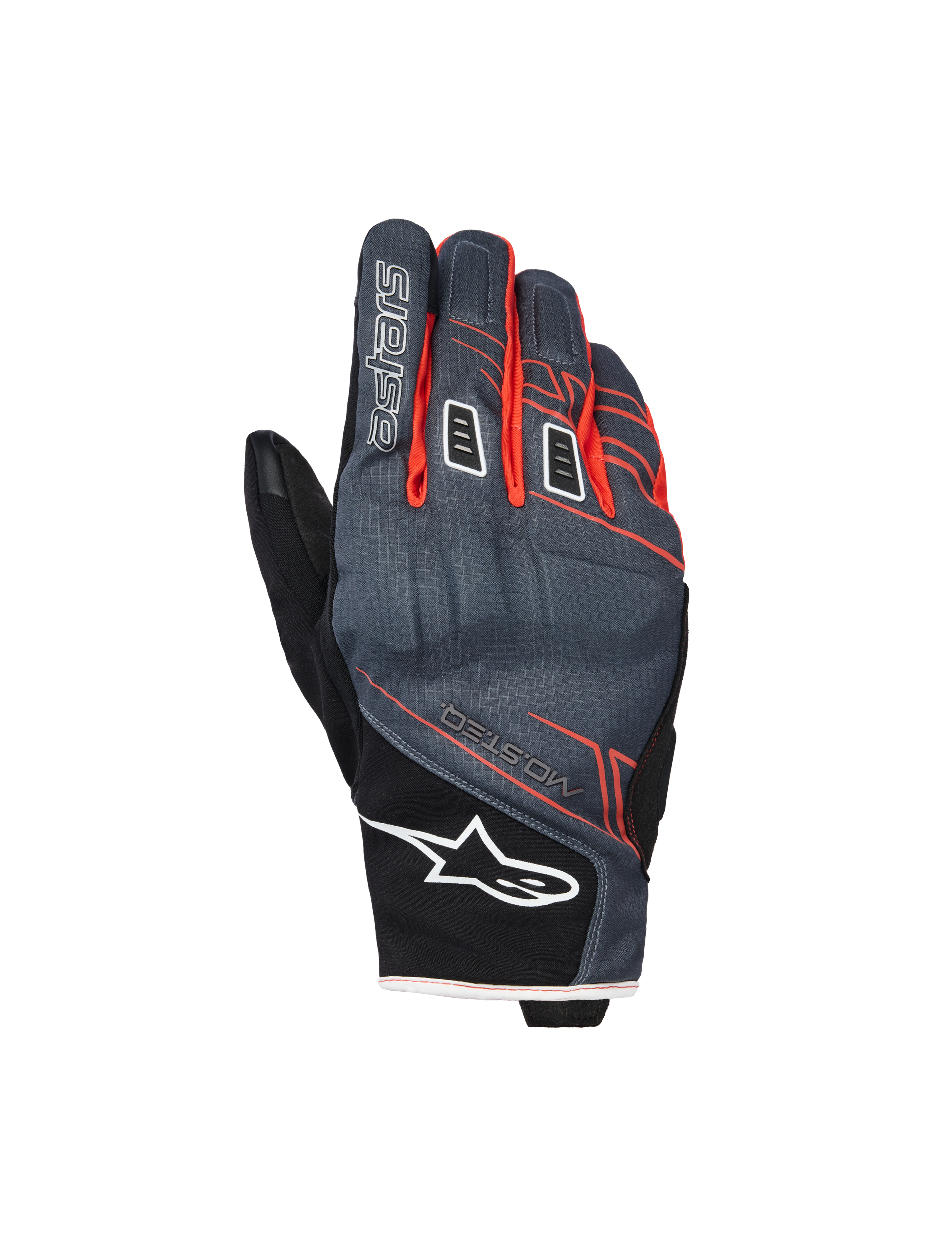 Gants imperméables Alpinestars Moblast, gants de moto, anthracite et noir avec des accents orange, design à manchette courte avec graphismes linéaires rouge-orange, logo étoile Alpinestars blanc sur la manchette et marquage « astars » sur le doigt, dos en textile technique pour une protection par tous les temps