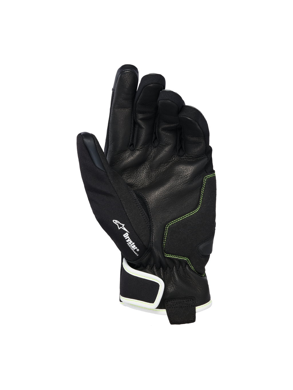 Gants Alpinestars Moblast Waterproof, vue de la paume montrant le cuir de chèvre noir avec des surpiqûres jaune soufre, détail du logo Drystar®, gants de moto à manchette courte conçus pour les trajets urbains quotidiens par tous les temps