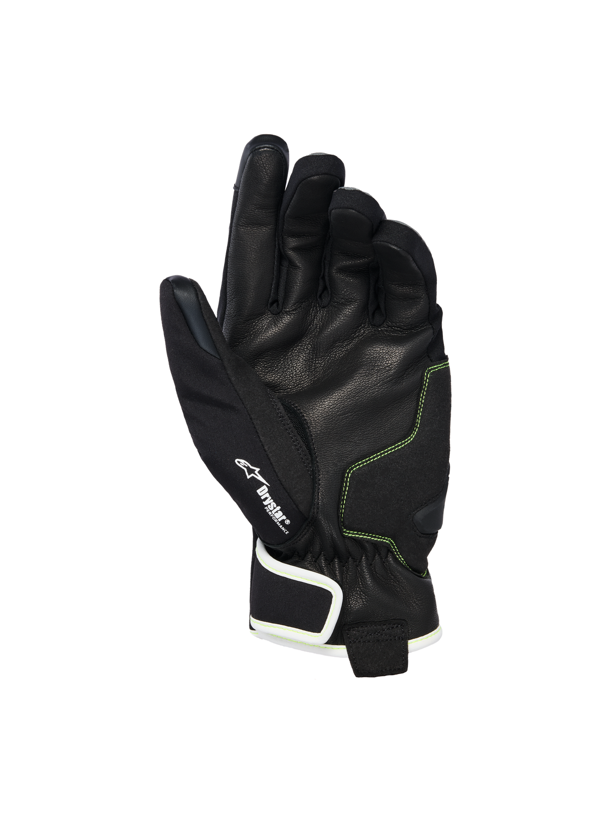 Gants Alpinestars Moblast Waterproof, vue de la paume montrant le cuir de chèvre noir avec des surpiqûres jaune soufre, détail du logo Drystar®, gants de moto à manchette courte conçus pour les trajets urbains quotidiens par tous les temps