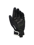 Gants Alpinestars Moblast Waterproof, vue de la paume montrant le cuir de chèvre noir avec des surpiqûres jaune soufre, détail du logo Drystar®, gants de moto à manchette courte conçus pour les trajets urbains quotidiens par tous les temps