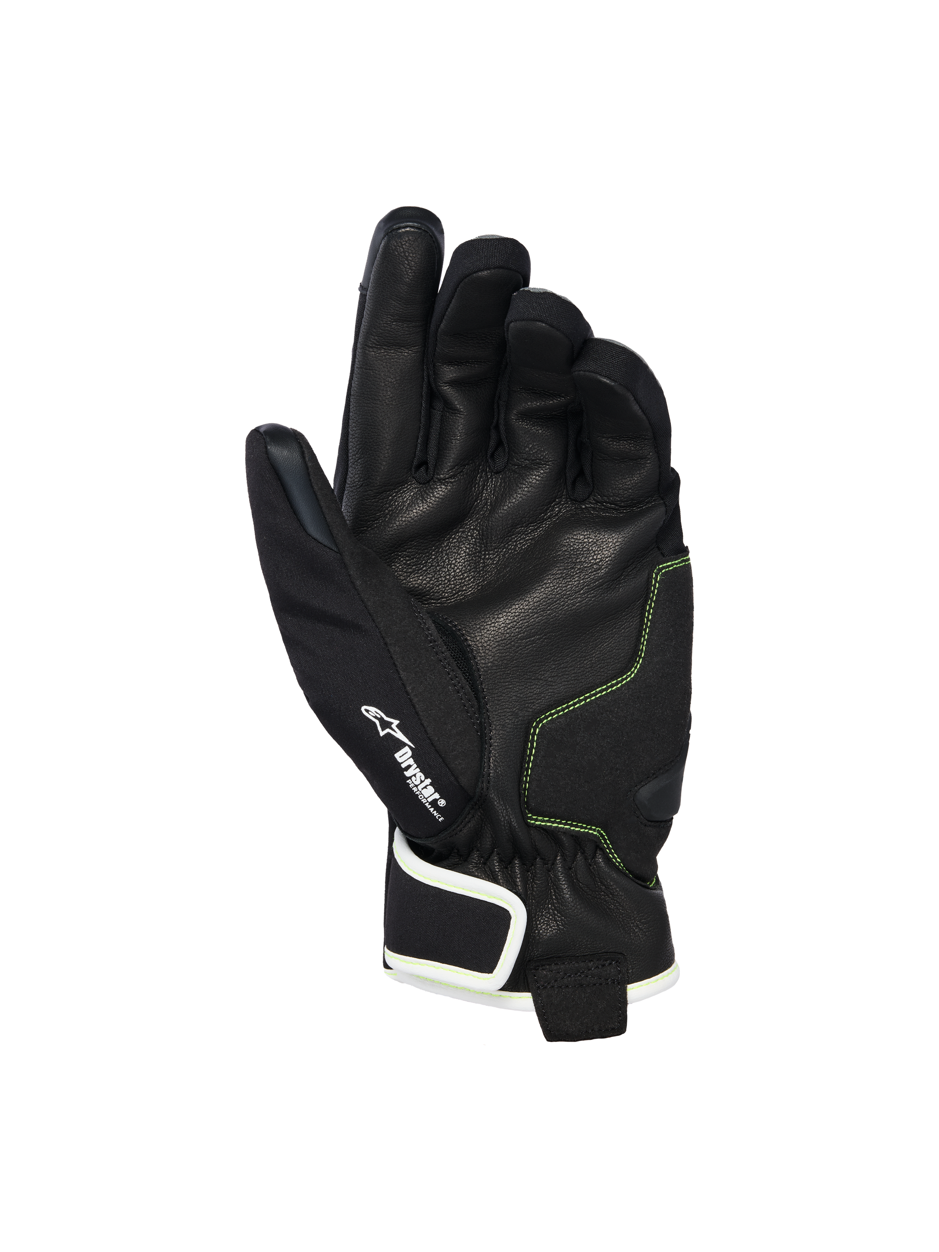 Gants Alpinestars Moblast Waterproof, vue de la paume montrant le cuir de chèvre noir avec des surpiqûres jaune soufre, détail du logo Drystar®, gants de moto à manchette courte conçus pour les trajets urbains quotidiens par tous les temps
