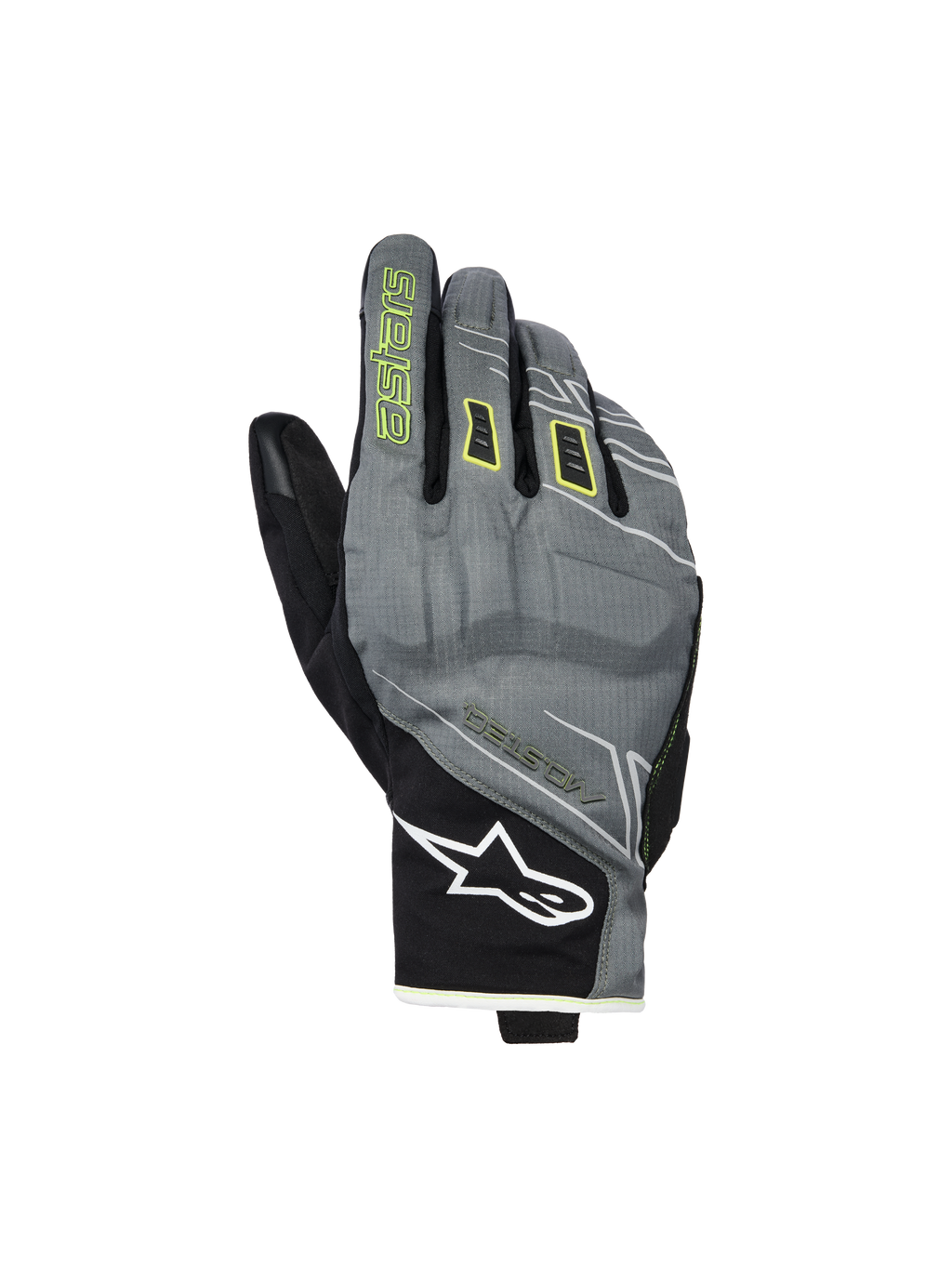 Alpinestars Moblast Waterproof Gloves, gants de moto, gris et noir avec accents jaune soufre, design urbain à manchette courte, logo Astar blanc au poignet, marquage jaune fluo sur l'index, performance imperméable Drystar pour les trajets de mi-saison.