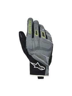 Alpinestars Moblast Waterproof Gloves, Motorcycle Gloves, Fur Gray and Black with Sulphur Yellow accents, short-cuff urban design, white Astar logo on the wrist, neon yellow branding on the index finger, waterproof Drystar performance for mid-season commuting.