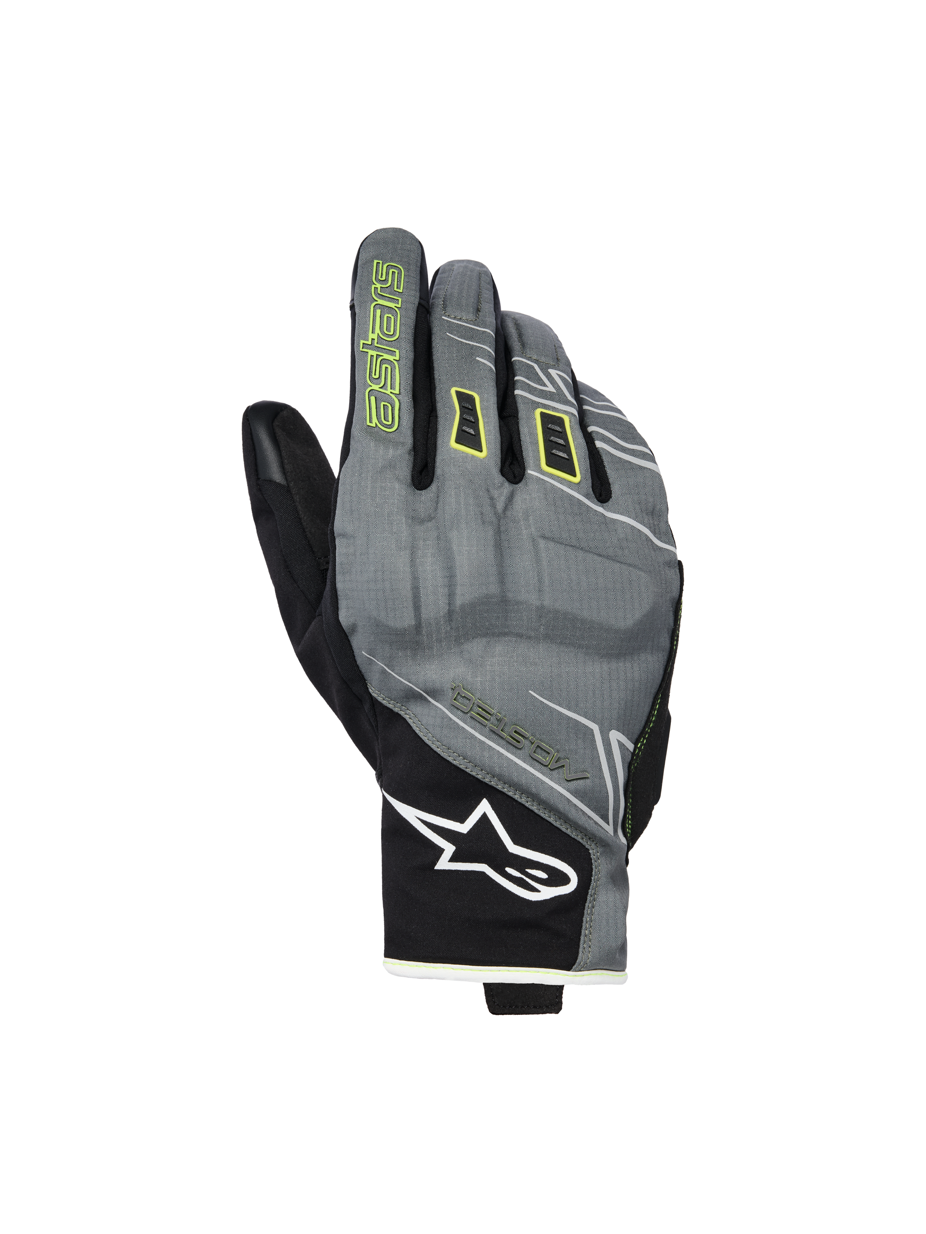 Alpinestars Moblast Waterproof Gloves, gants de moto, gris et noir avec accents jaune soufre, design urbain à manchette courte, logo Astar blanc au poignet, marquage jaune fluo sur l'index, performance imperméable Drystar pour les trajets de mi-saison.