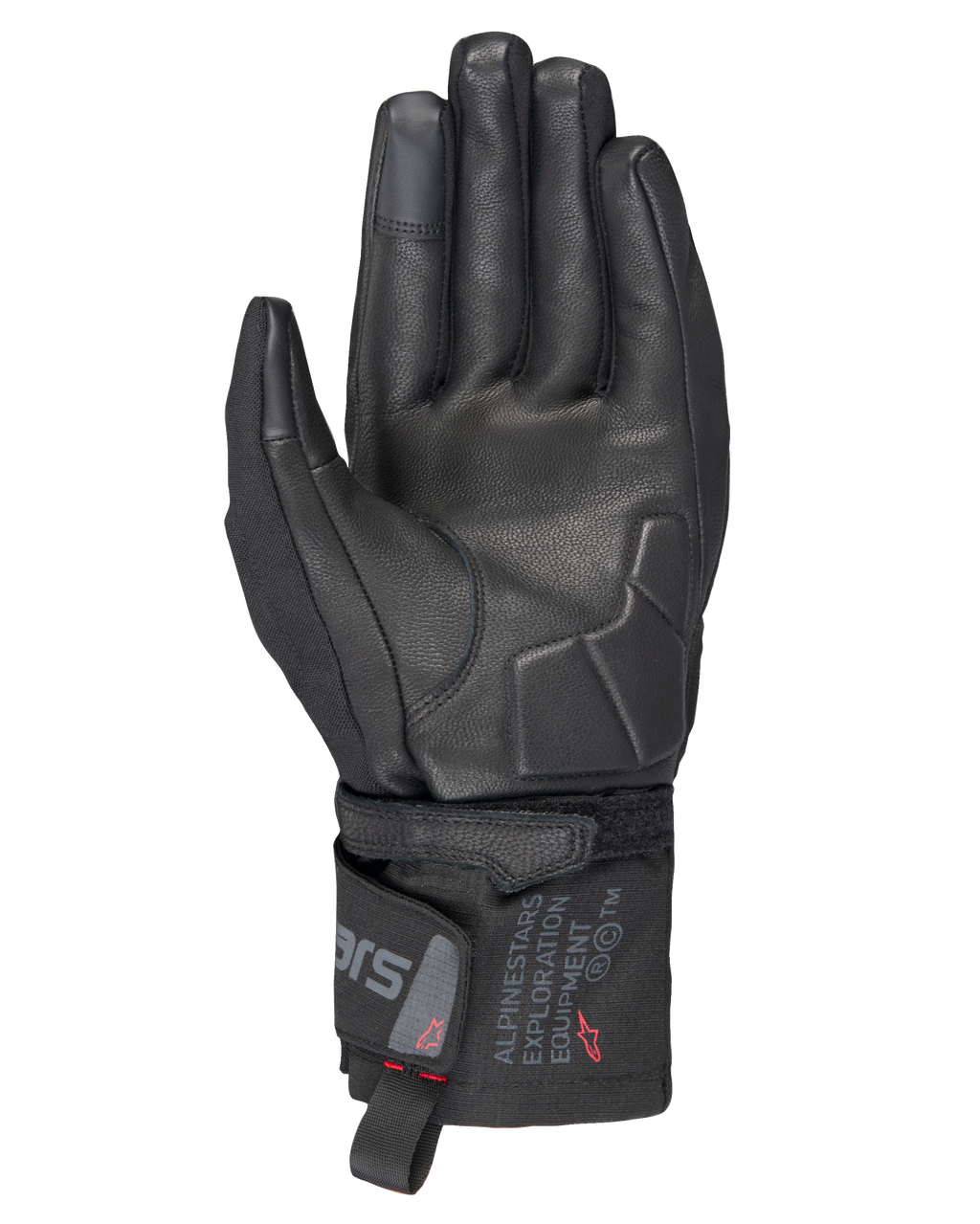 Gants thermiques Alpinestars WT-3 Drystar®, gants de moto noirs, vue de la paume montrant le renfort en cuir et la paume rembourrée, manchette mi-longue avec marquage Alpinestars Exploration Equipment, bout des doigts compatibles avec les écrans tactiles, protection de randonnée durable par tous les temps.