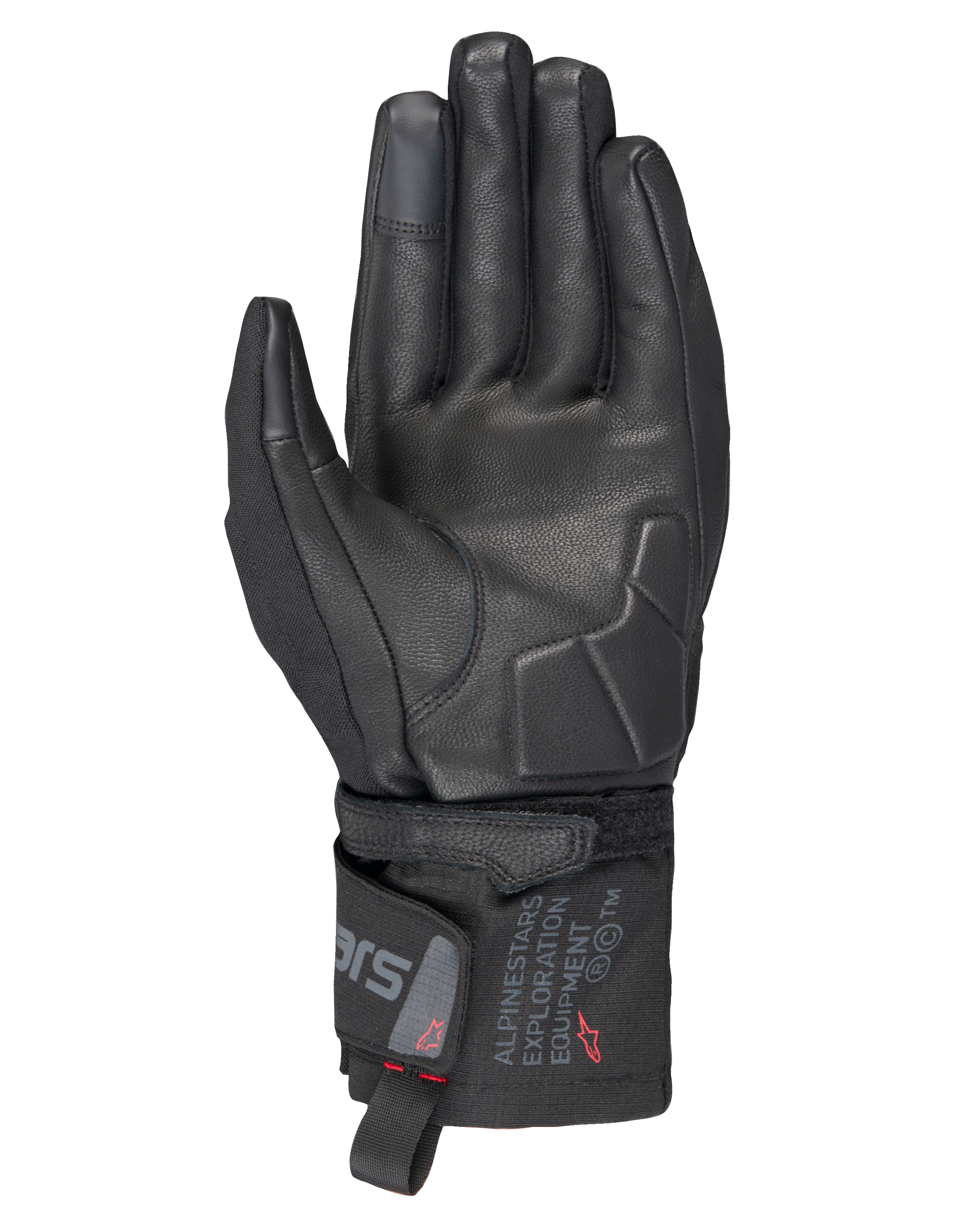 Gants thermiques Alpinestars WT-3 Drystar®, gants de moto noirs, vue de la paume montrant le renfort en cuir et la paume rembourrée, manchette mi-longue avec marquage Alpinestars Exploration Equipment, bout des doigts compatibles avec les écrans tactiles, protection de randonnée durable par tous les temps.
