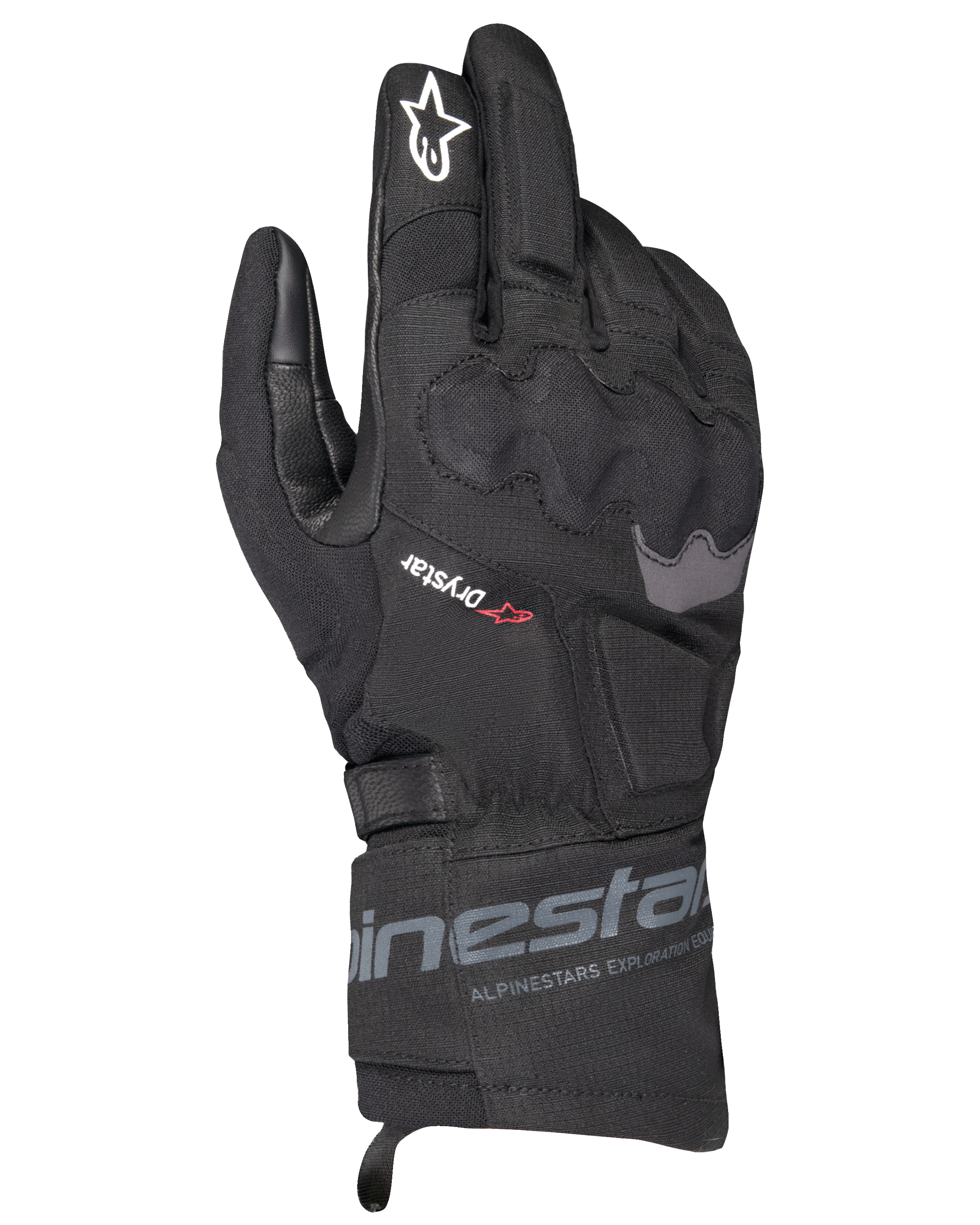 Gants Alpinestars WT-3 Drystar Thermiques, gants de moto de randonnée noirs, construction imperméable et isolée avec protection des articulations moulée, logo étoile blanche sur l'index et manchette mi-longue avec marquage Alpinestars.