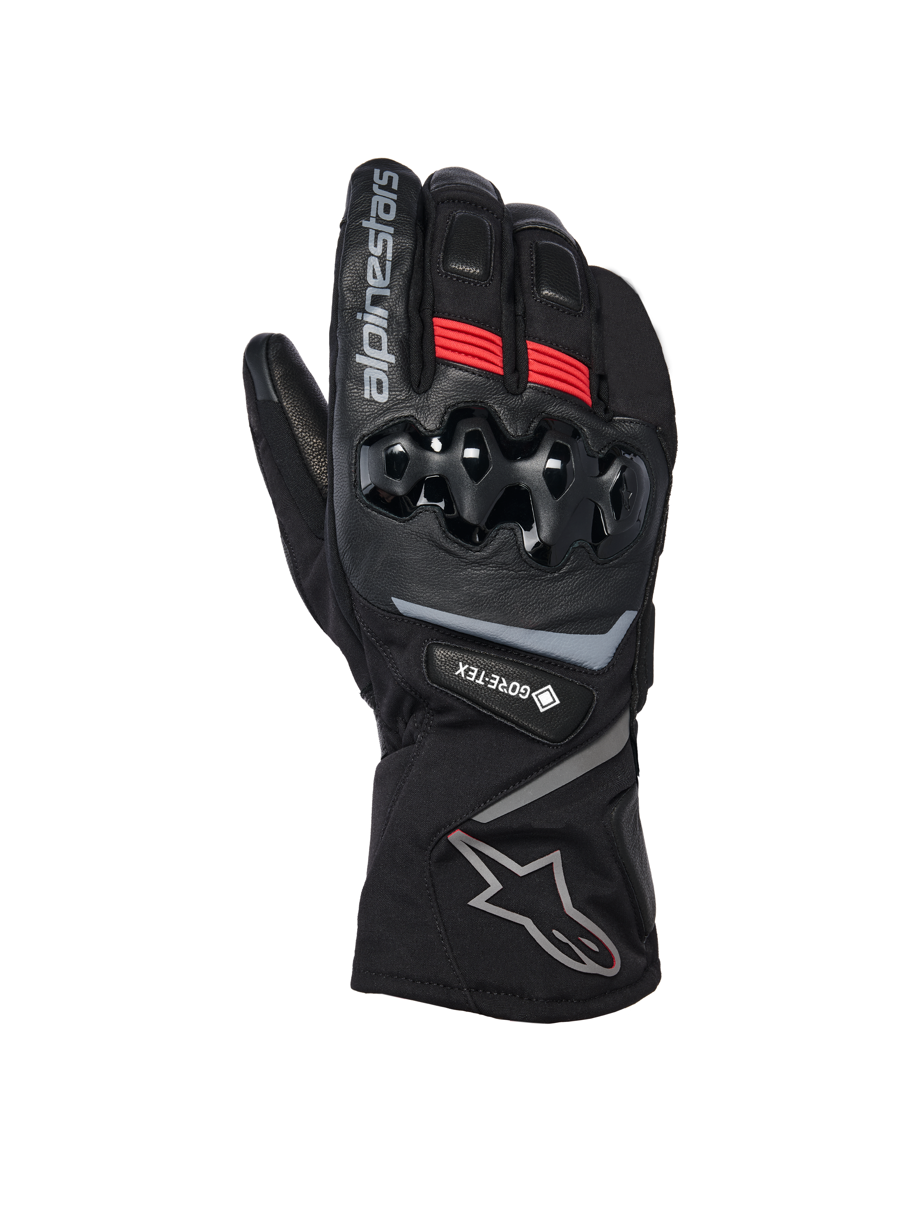 Gants Alpinestars WT-8 GORE-TEX Insulated, gants de moto d'hiver, noirs avec accents rouges et logos argentés, dotés d'une protection des articulations en TPU rigide, d'une manchette longue et de l'imperméabilité GORE-TEX pour la conduite par temps froid