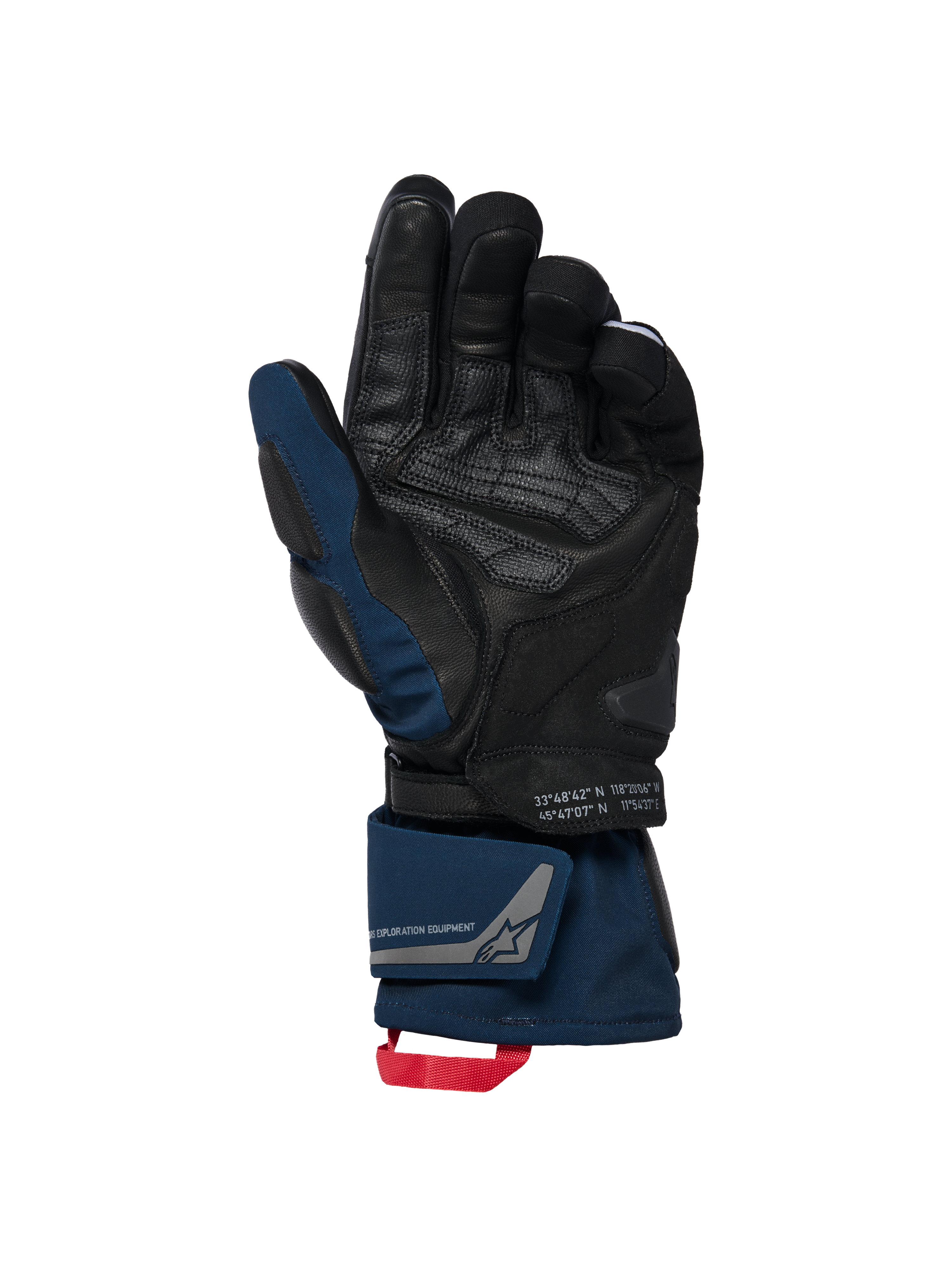 Gants isolés Alpinestars WT-8 GORE-TEX, noir et bleu foncé, vue de la paume montrant les renforts en cuir et le curseur rembourré, manchette longue avec double fermeture au poignet et boucle de tirage rouge, détails de coordonnées et marquage exploration equipment