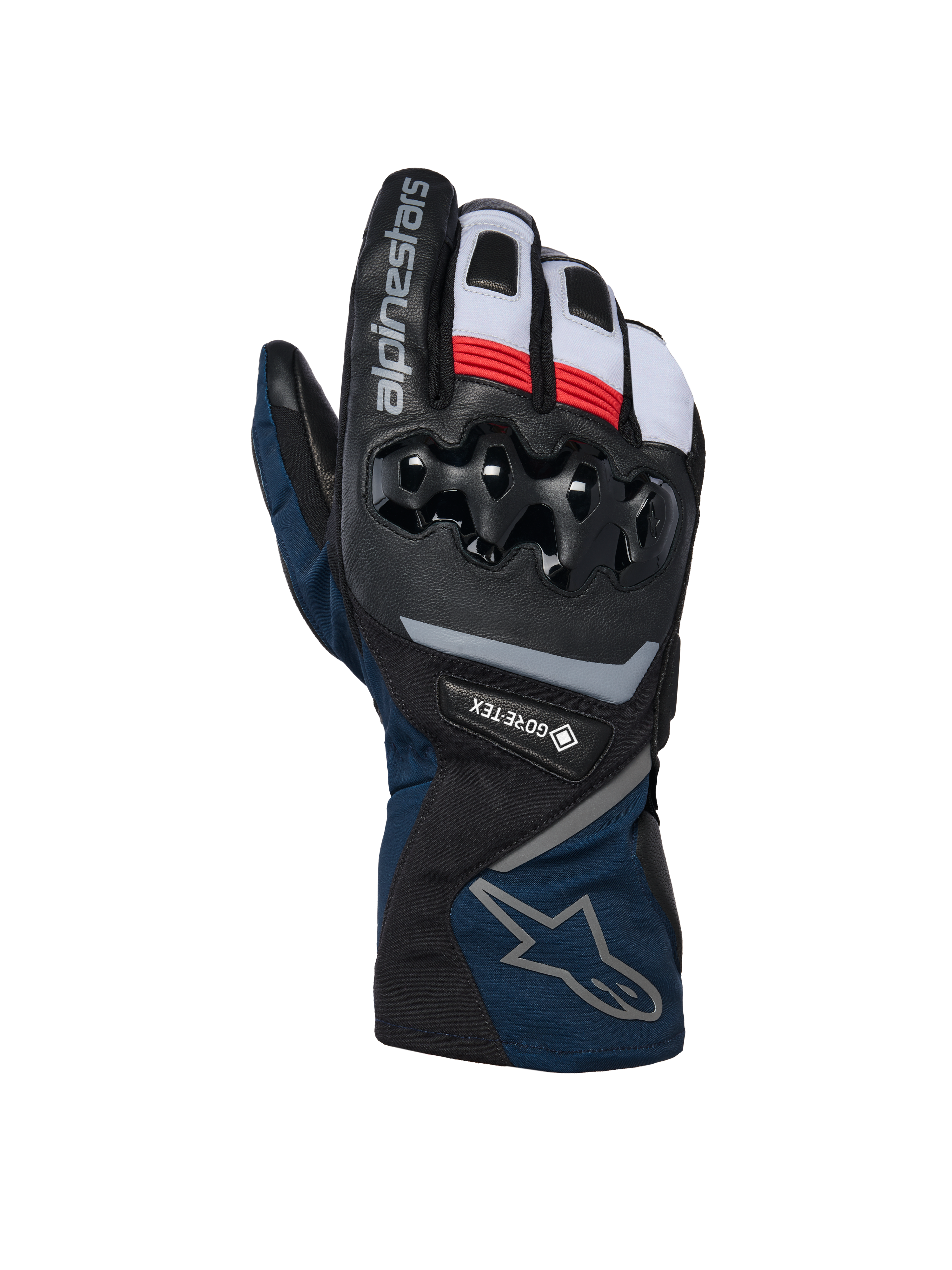 Gants isolés Alpinestars WT-8 GORE-TEX, gants de moto d'hiver, noirs et bleu foncé avec accents rouges et blancs, protection des articulations en TPU rigide, marquage GORE-TEX, design à manchette longue